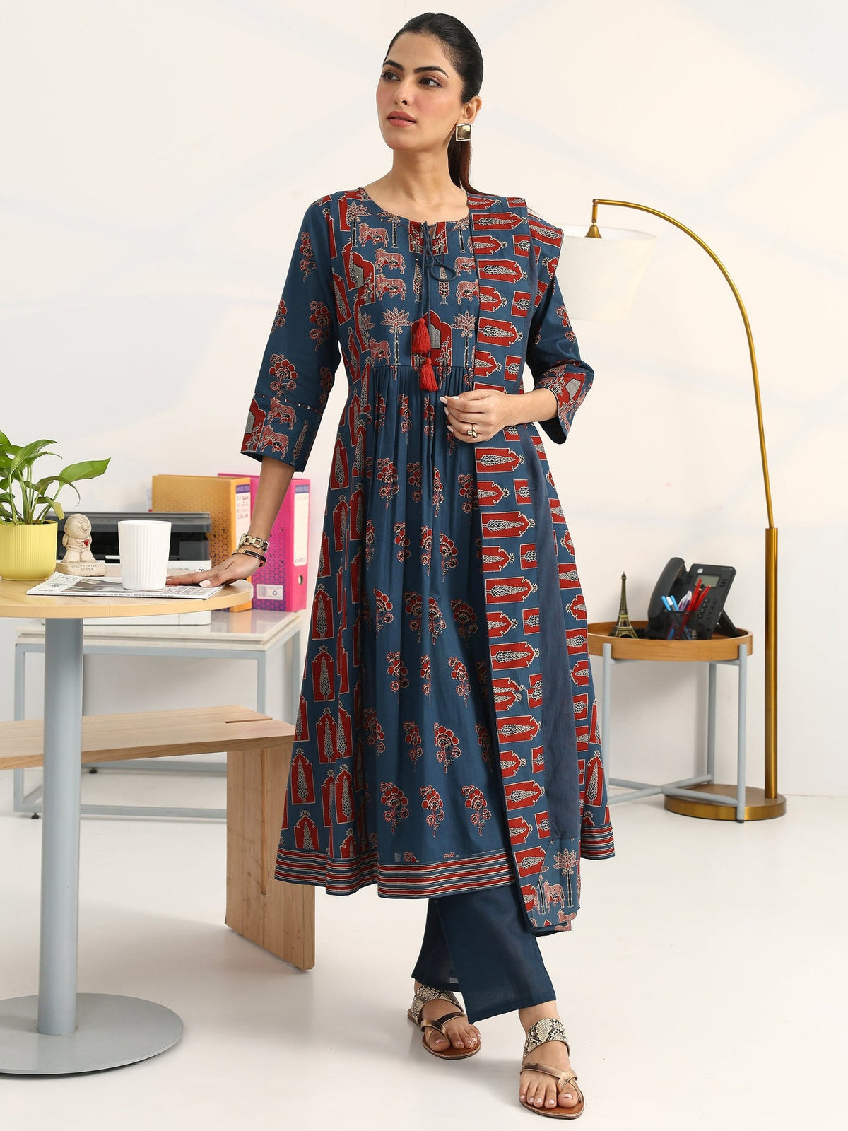 Gerua Blue Floral Printed A-Line Suit Set With Dupatta KS67