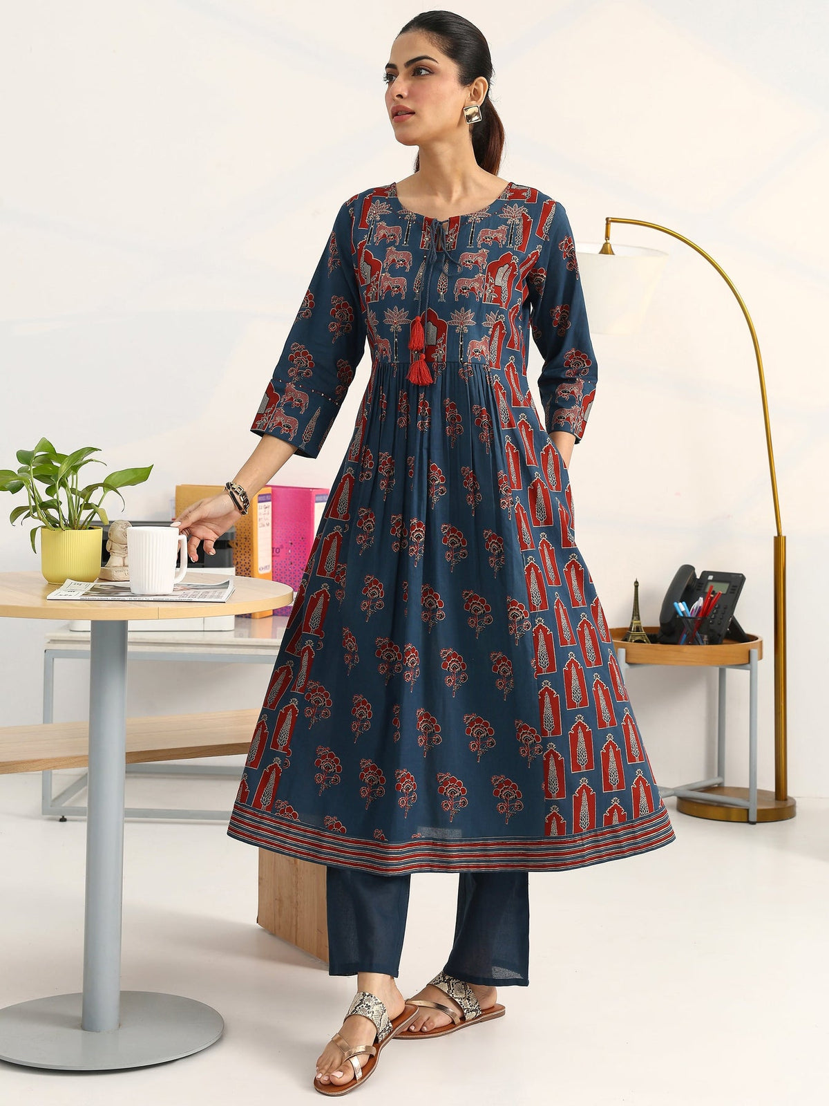 Gerua Blue Floral Printed A-Line Suit Set With Dupatta KS67