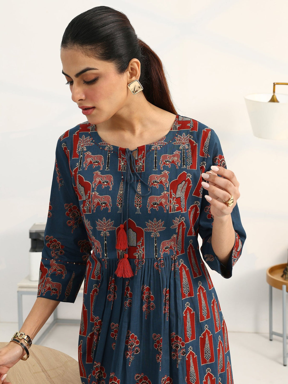 Gerua Blue Floral Printed A-Line Suit Set With Dupatta KS67