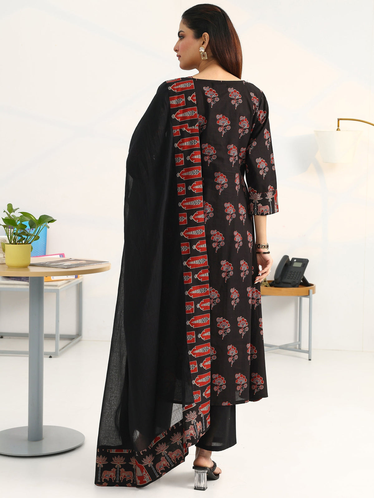 Gerua Black Floral Printed Cotton Blend A-Line Suit Set With Dupatta