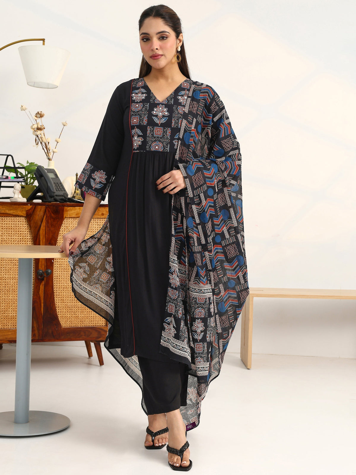 Gerua Black Ethnic Motifs Yoke Design Cotton Blend A-Line Suit Set With Dupatta