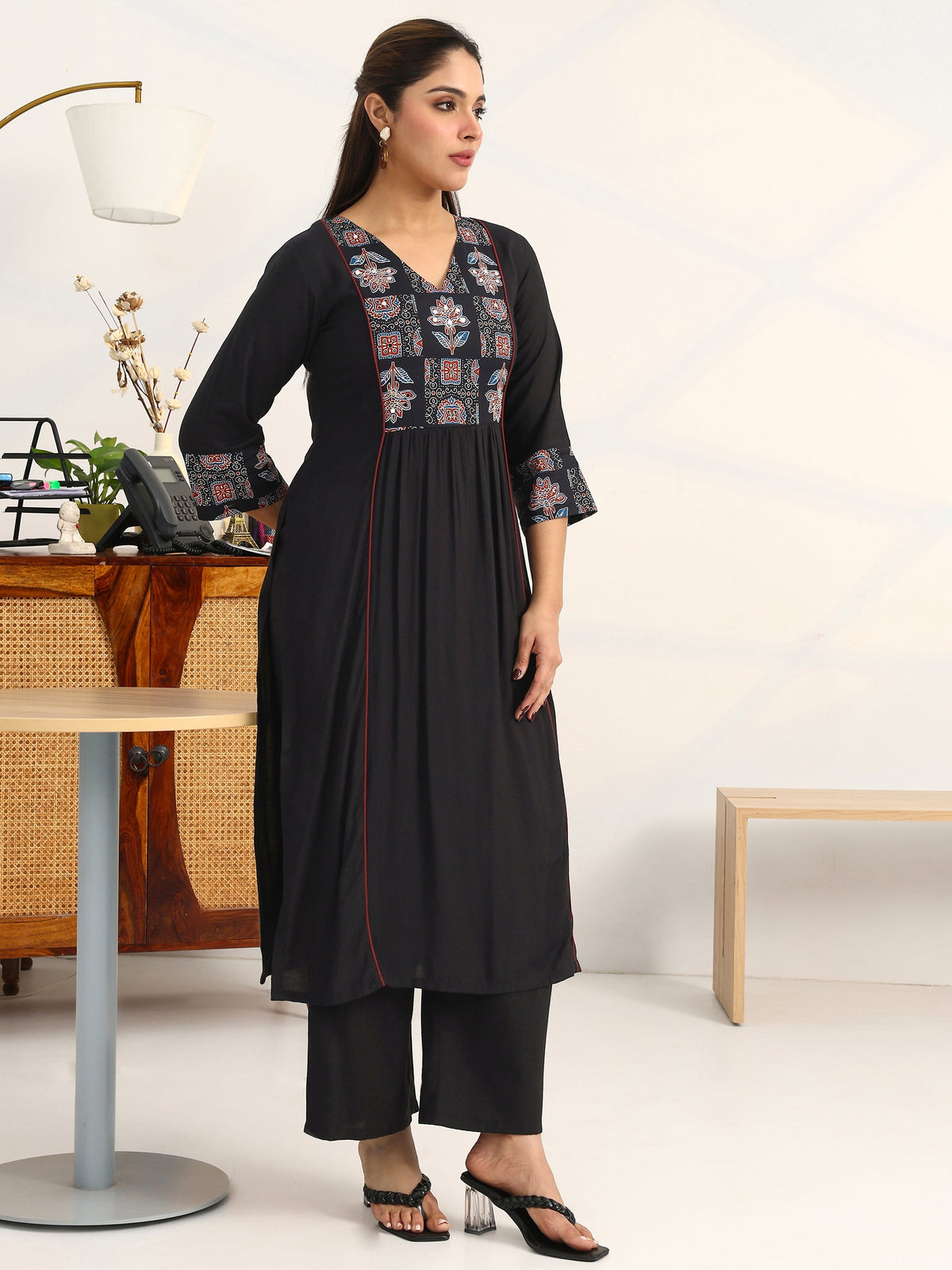 Gerua Black Ethnic Motifs Yoke Design Cotton Blend A-Line Suit Set With Dupatta