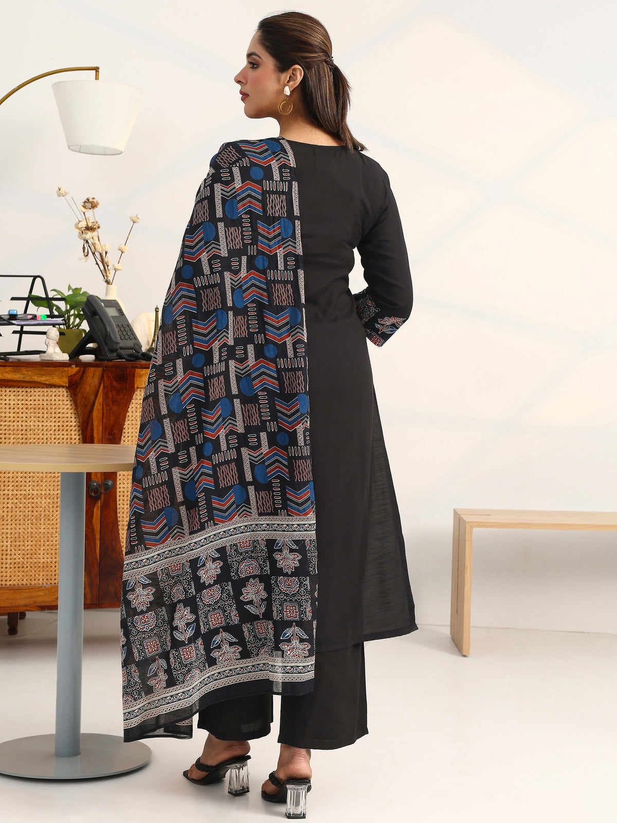Gerua Black Ethnic Motifs Yoke Design Cotton Blend A-Line Suit Set With Dupatta