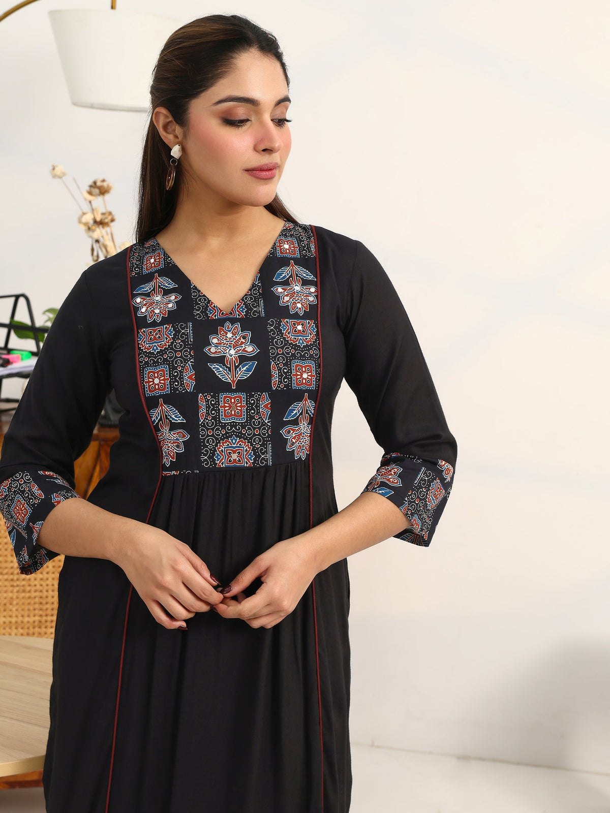 Gerua Black Ethnic Motifs Yoke Design Cotton Blend A-Line Suit Set With Dupatta