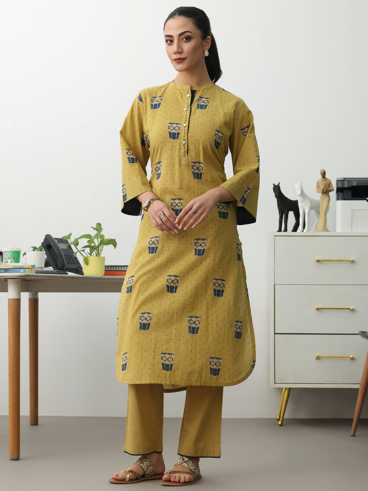 Gerua Mustard Ethnic Motifs Printed Cotton Blend Straight Kurta Set