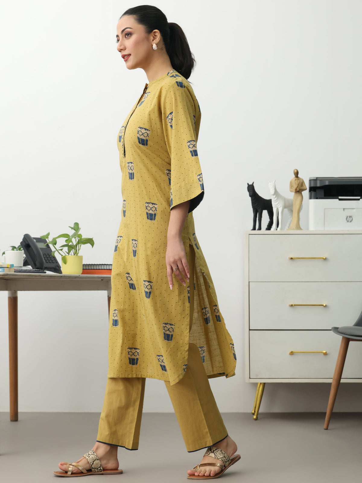 Gerua Mustard Ethnic Motifs Printed Cotton Blend Straight Kurta Set