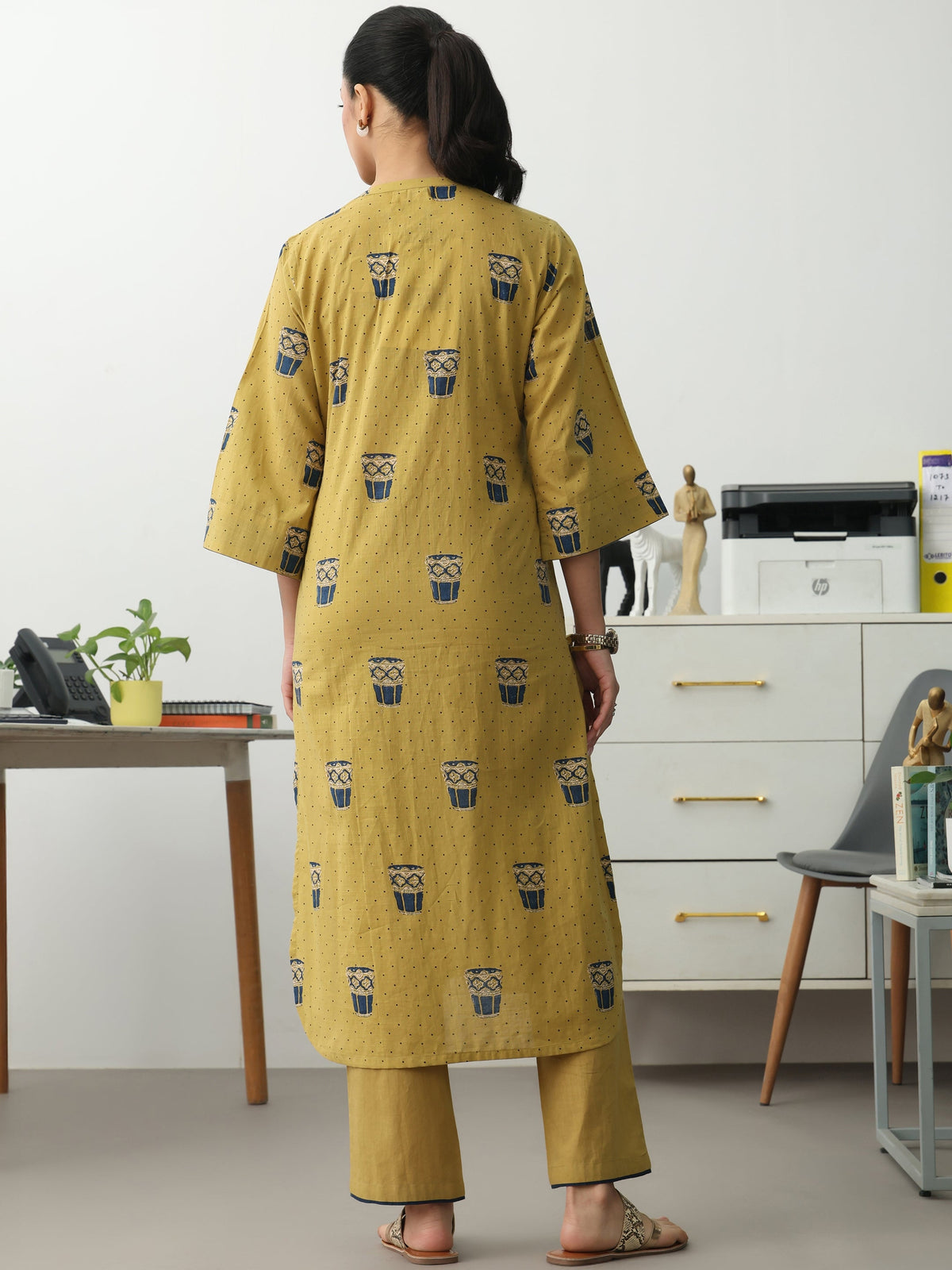 Gerua Mustard Ethnic Motifs Printed Cotton Blend Straight Kurta Set