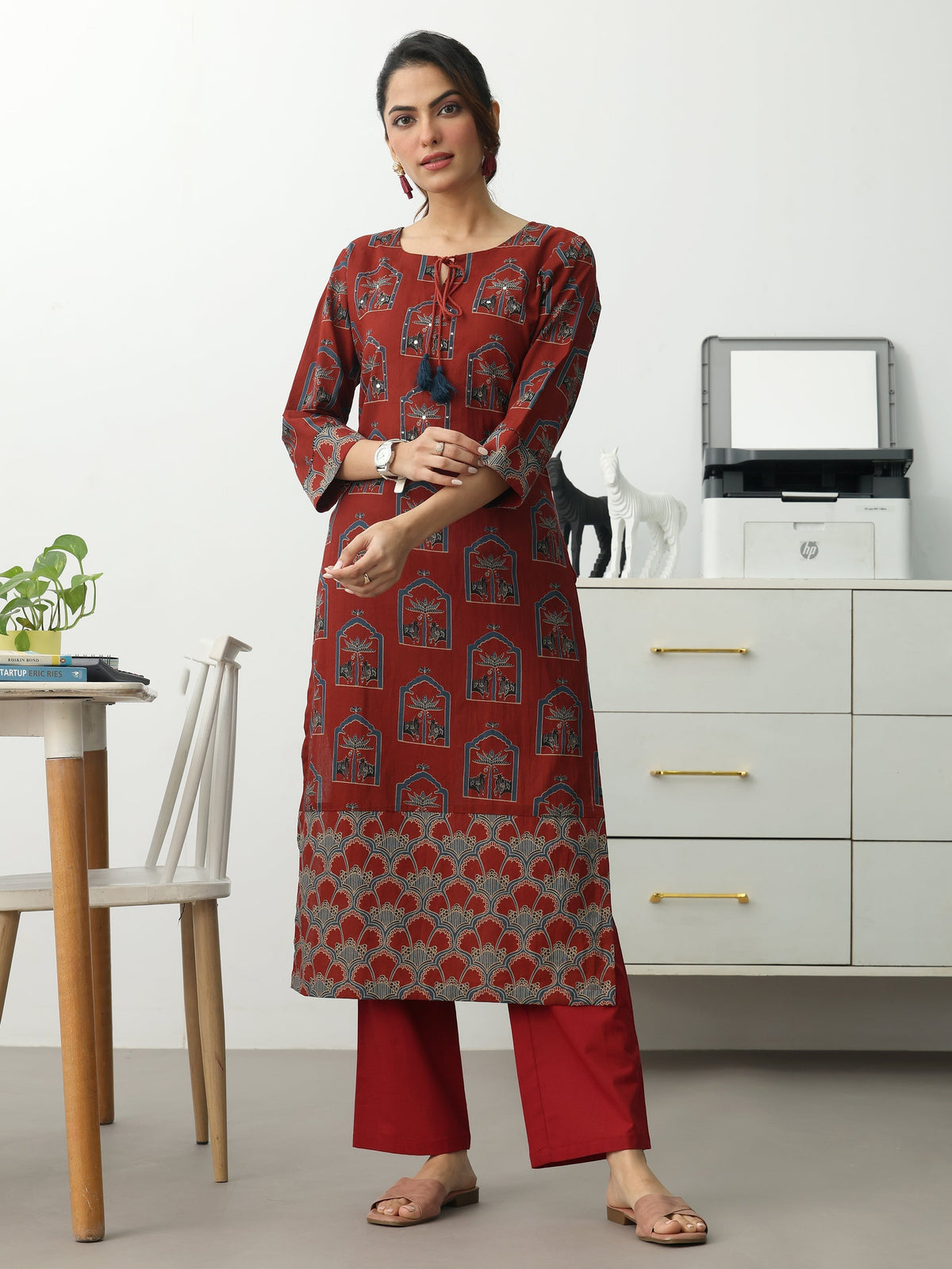 Gerua Rust Ethnic Motifs Printed Cotton Blend Straight Kurta Set