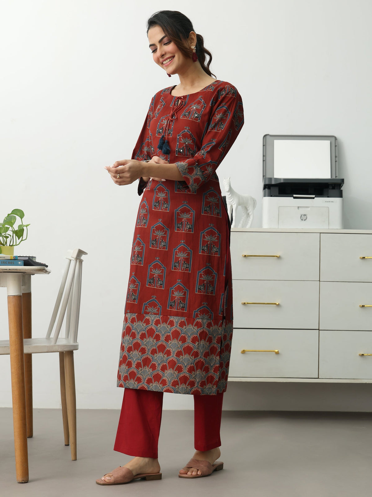 Gerua Rust Ethnic Motifs Printed Cotton Blend Straight Kurta Set