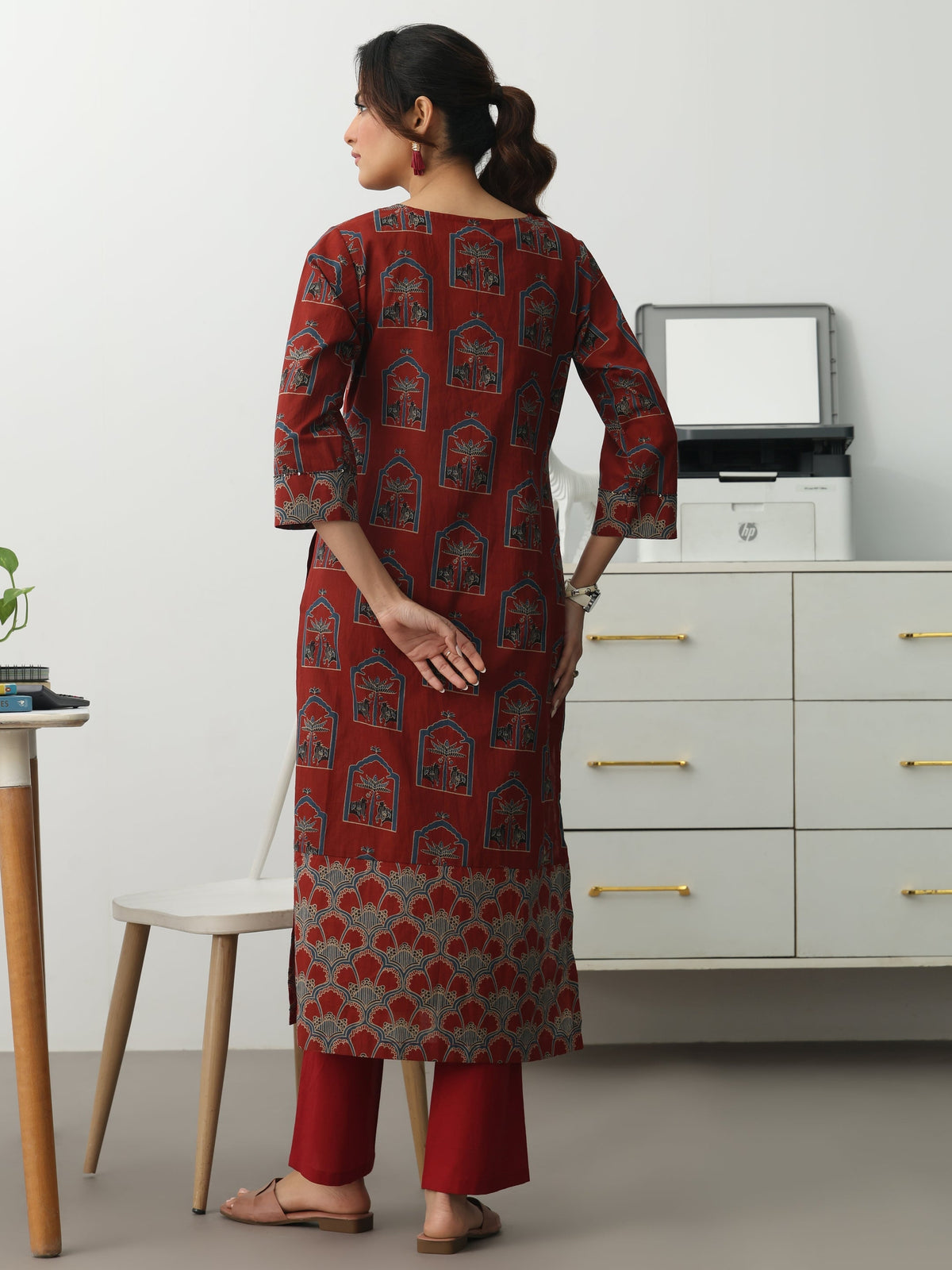 Gerua Rust Ethnic Motifs Printed Cotton Blend Straight Kurta Set