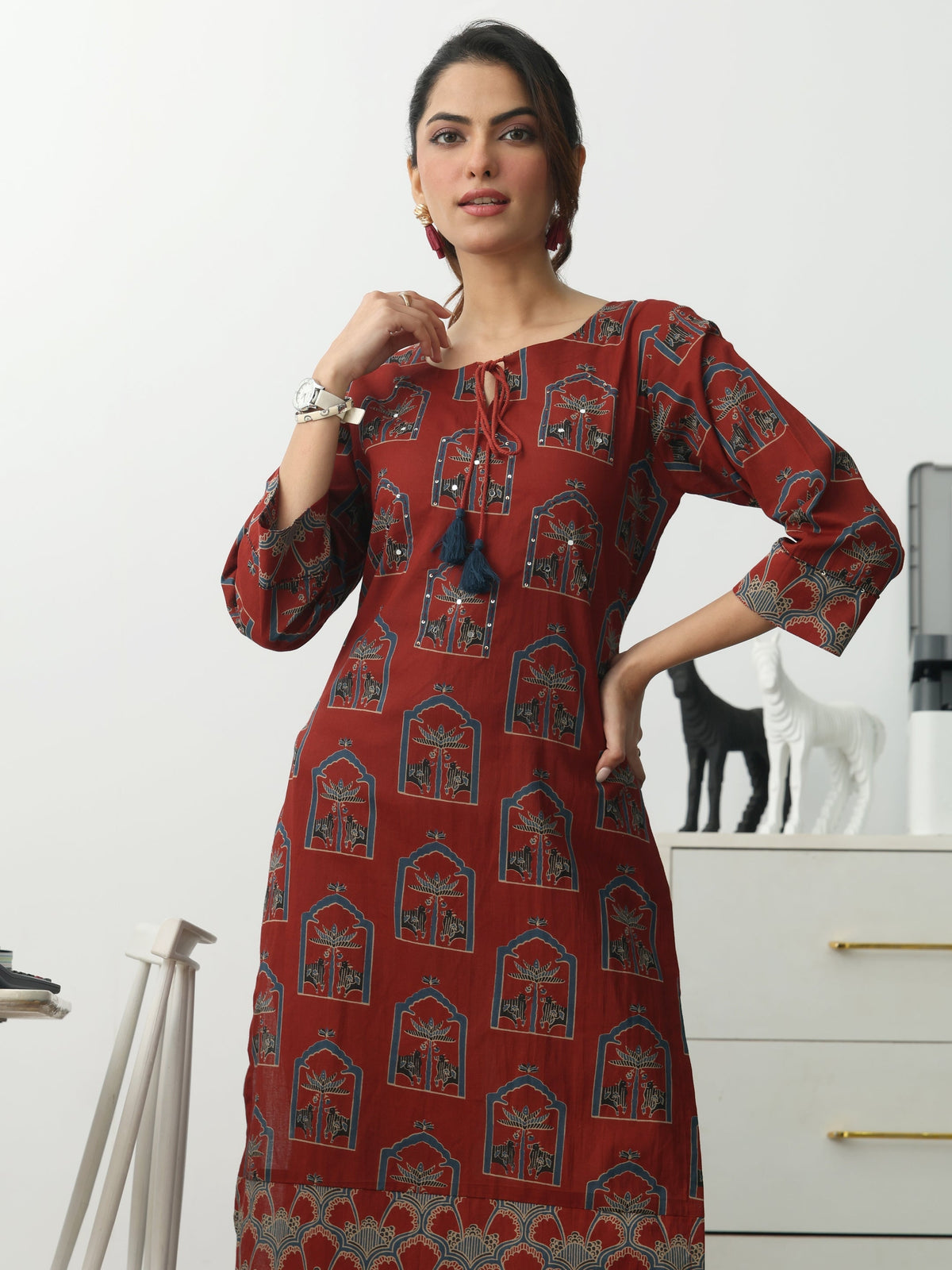Gerua Rust Ethnic Motifs Printed Cotton Blend Straight Kurta Set