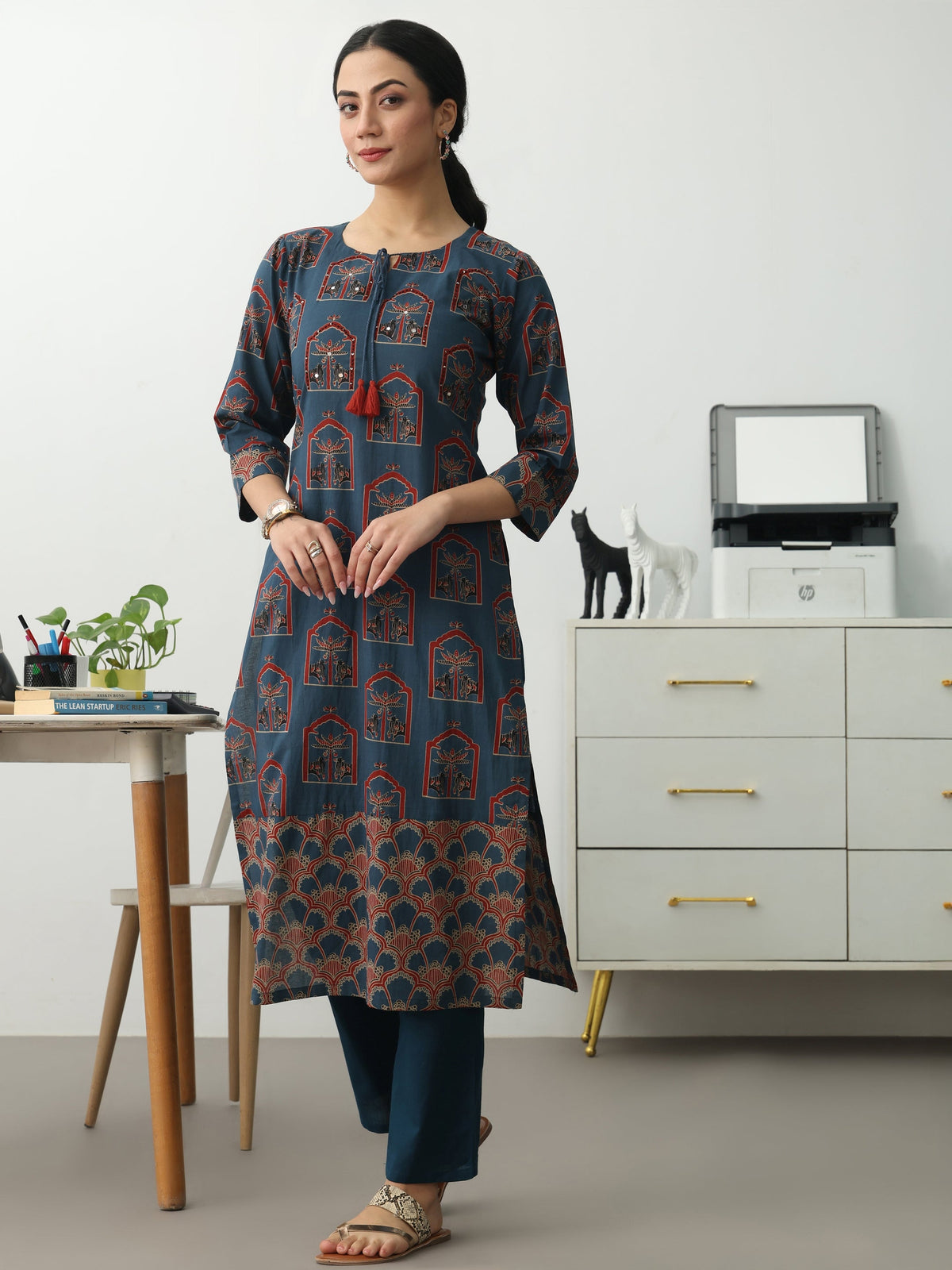 Gerua Blue Ethnic Motifs Printed Cotton Blend Straight Kurta Set