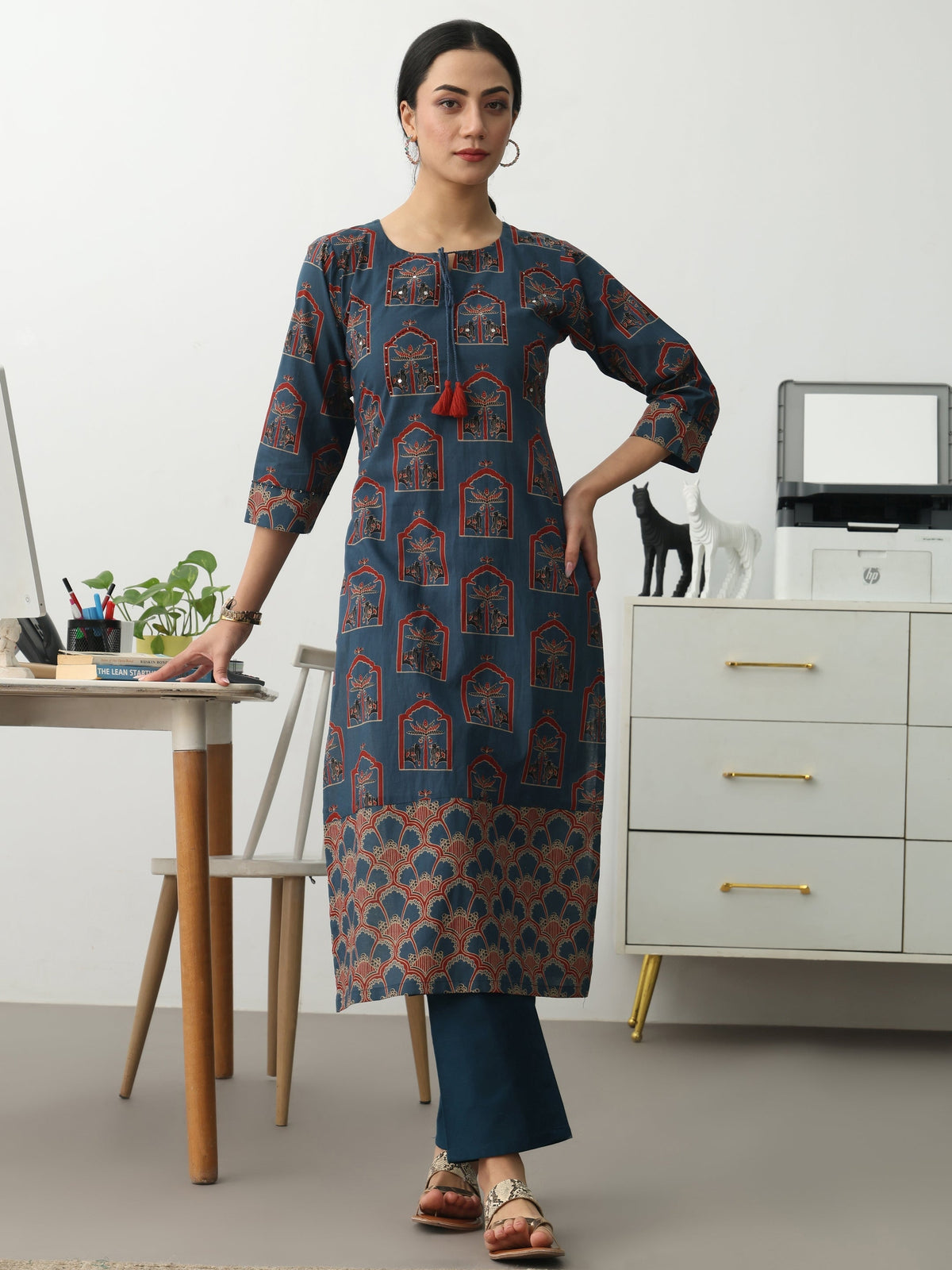 Gerua Blue Ethnic Motifs Printed Cotton Blend Straight Kurta Set