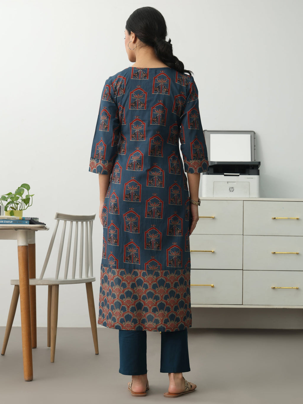 Gerua Blue Ethnic Motifs Printed Cotton Blend Straight Kurta Set
