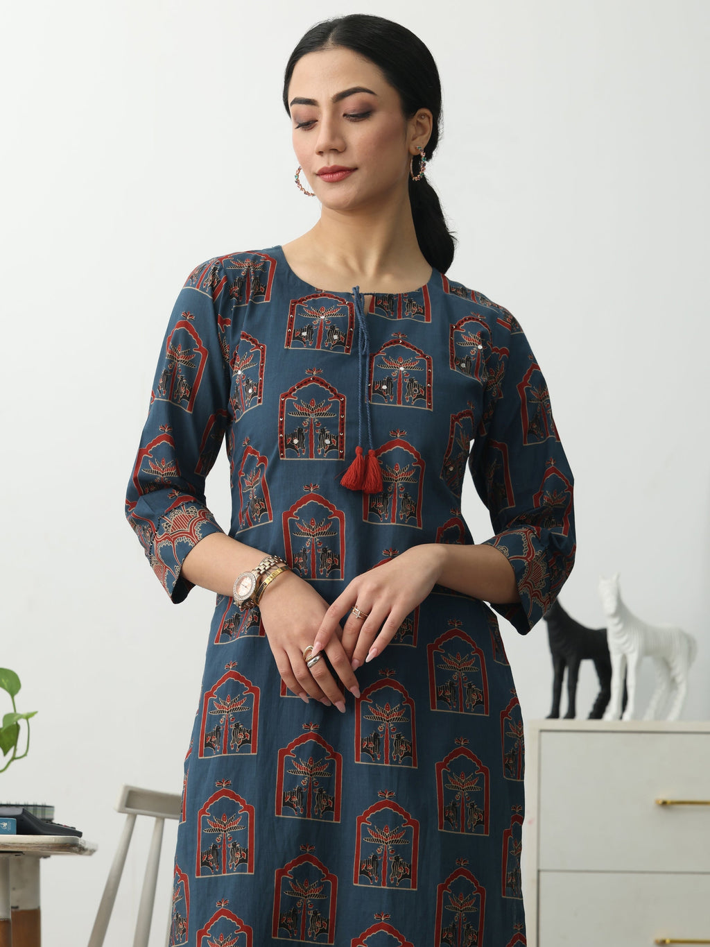Gerua Blue Ethnic Motifs Printed Cotton Blend Straight Kurta Set