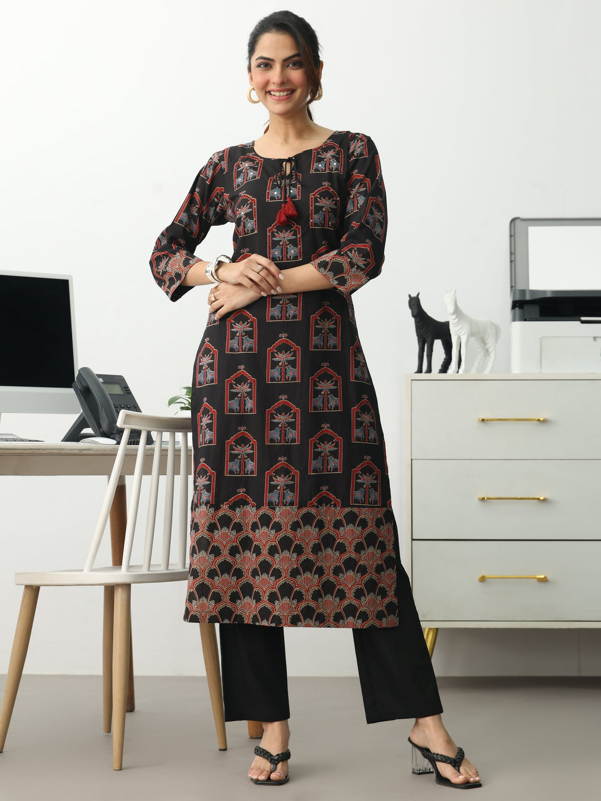 Gerua Black Ethnic Motifs Printed Cotton Blend Straight Kurta Set