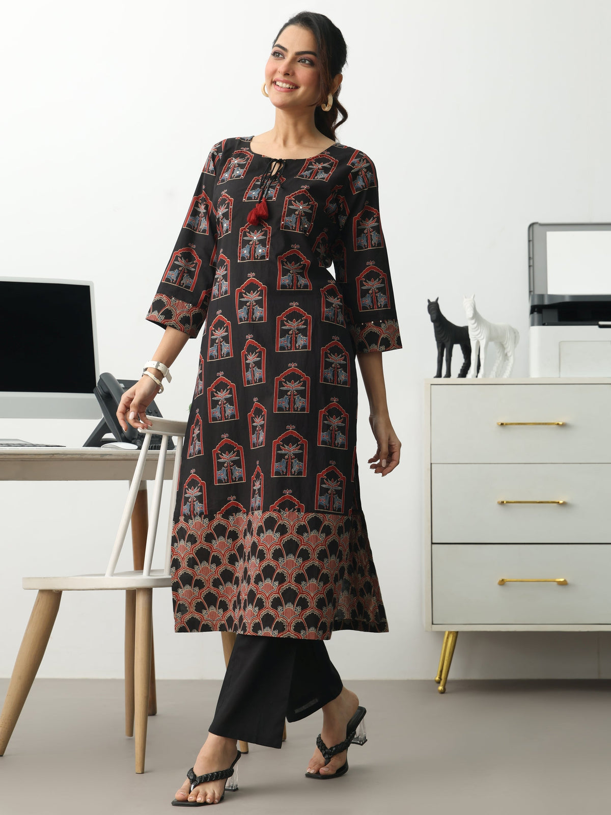 Gerua Black Ethnic Motifs Printed Cotton Blend Straight Kurta Set
