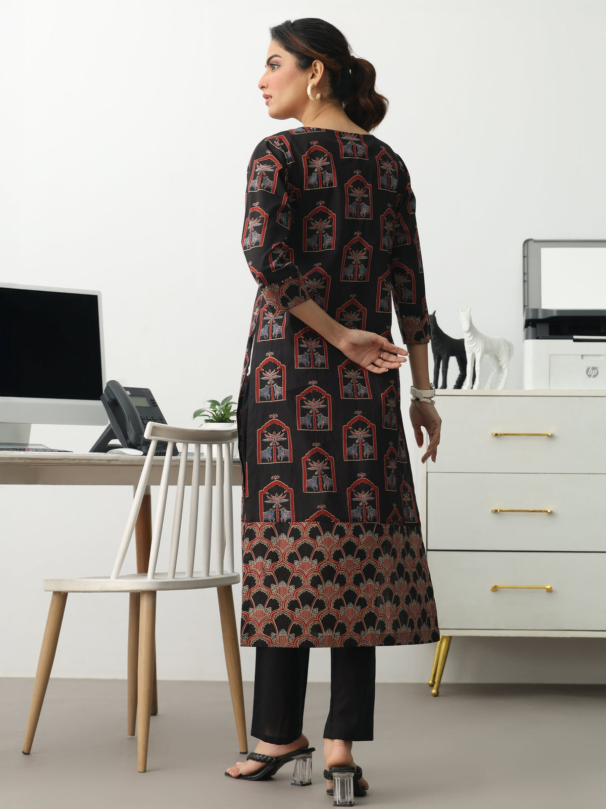 Gerua Black Ethnic Motifs Printed Cotton Blend Straight Kurta Set