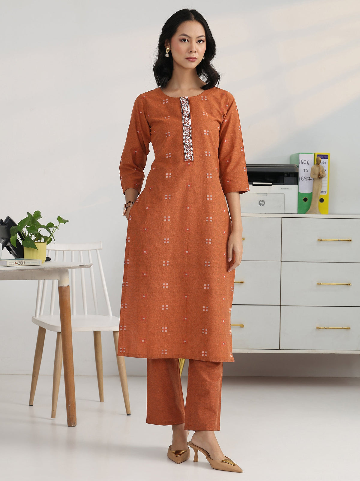Gerua Rust Geometric Woven Design Cotton Blend Straight Kurta Set