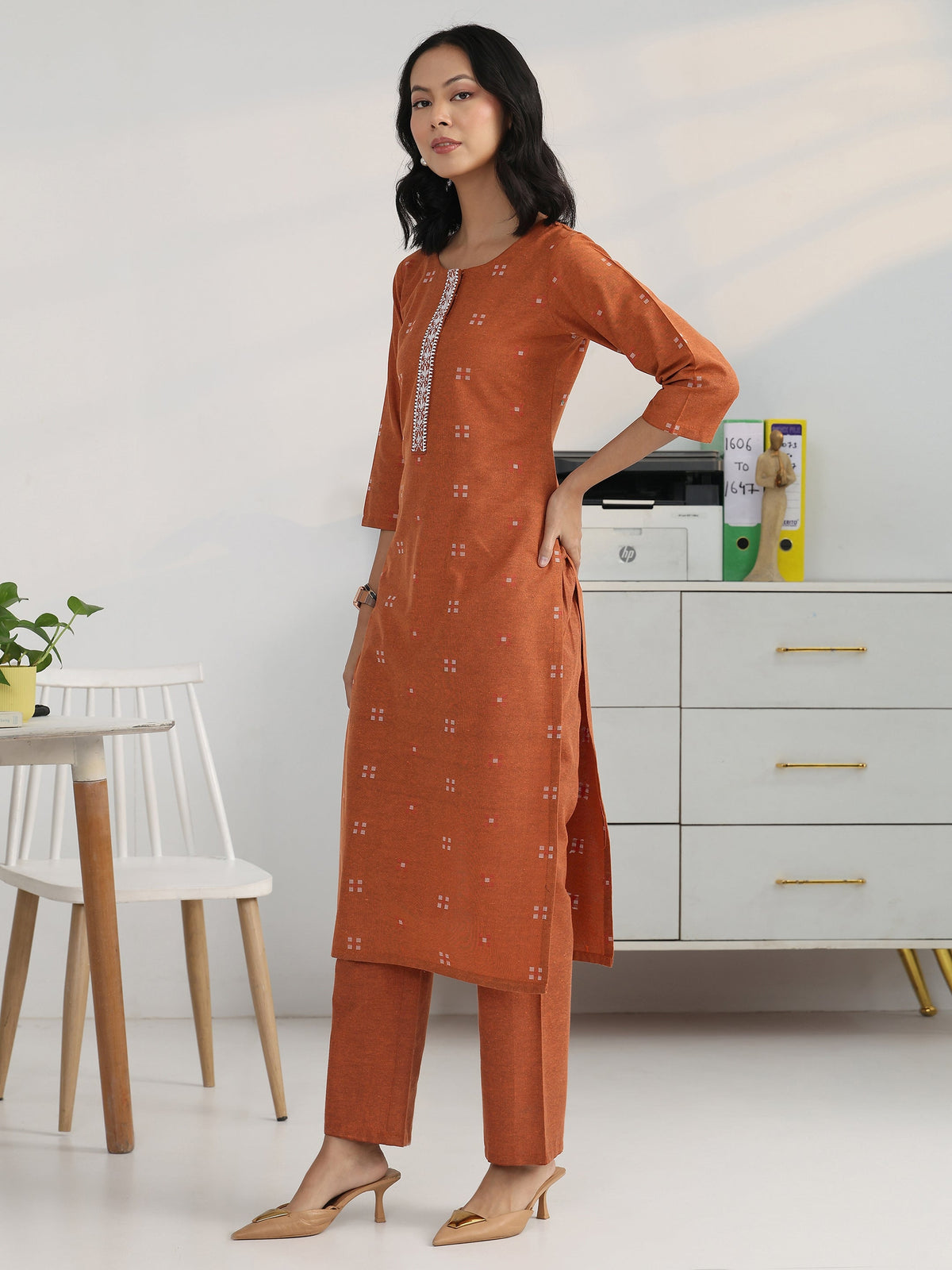 Gerua Rust Geometric Woven Design Cotton Blend Straight Kurta Set