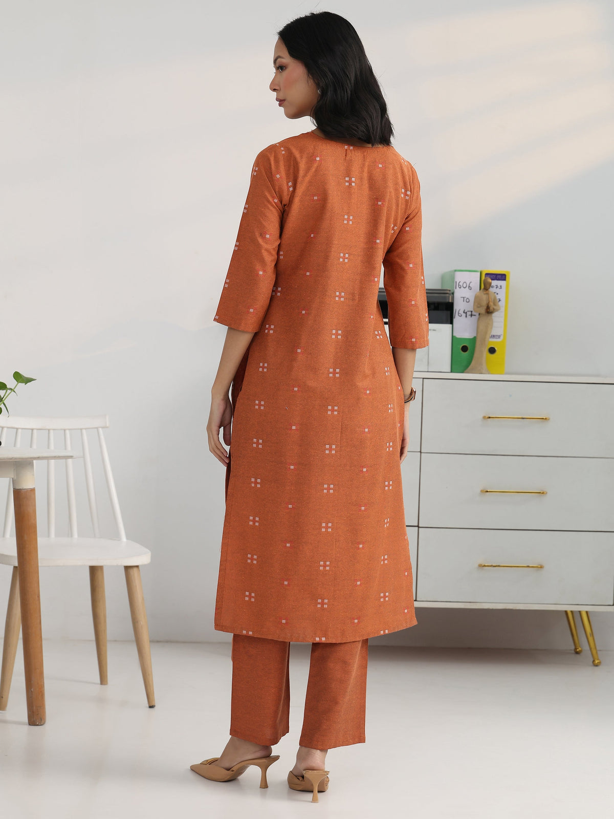 Gerua Rust Geometric Woven Design Cotton Blend Straight Kurta Set