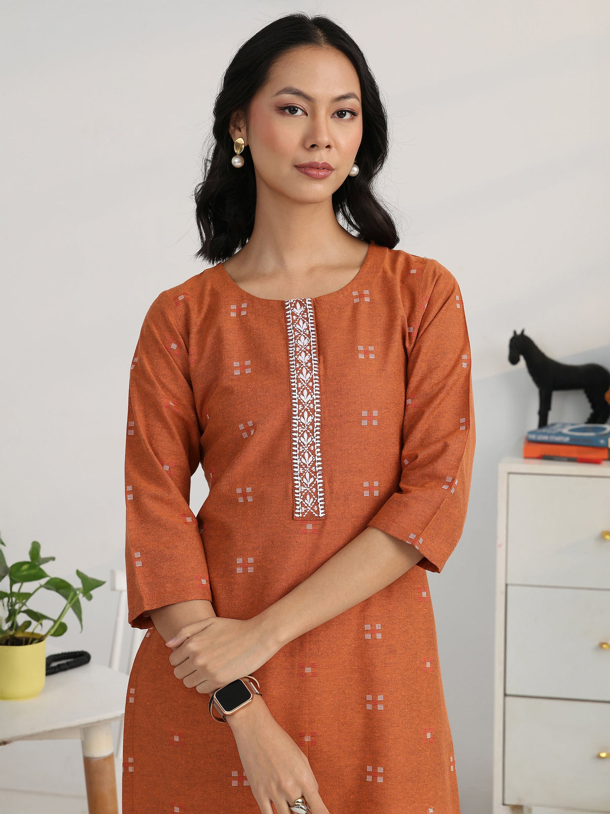 Gerua Rust Geometric Woven Design Cotton Blend Straight Kurta Set