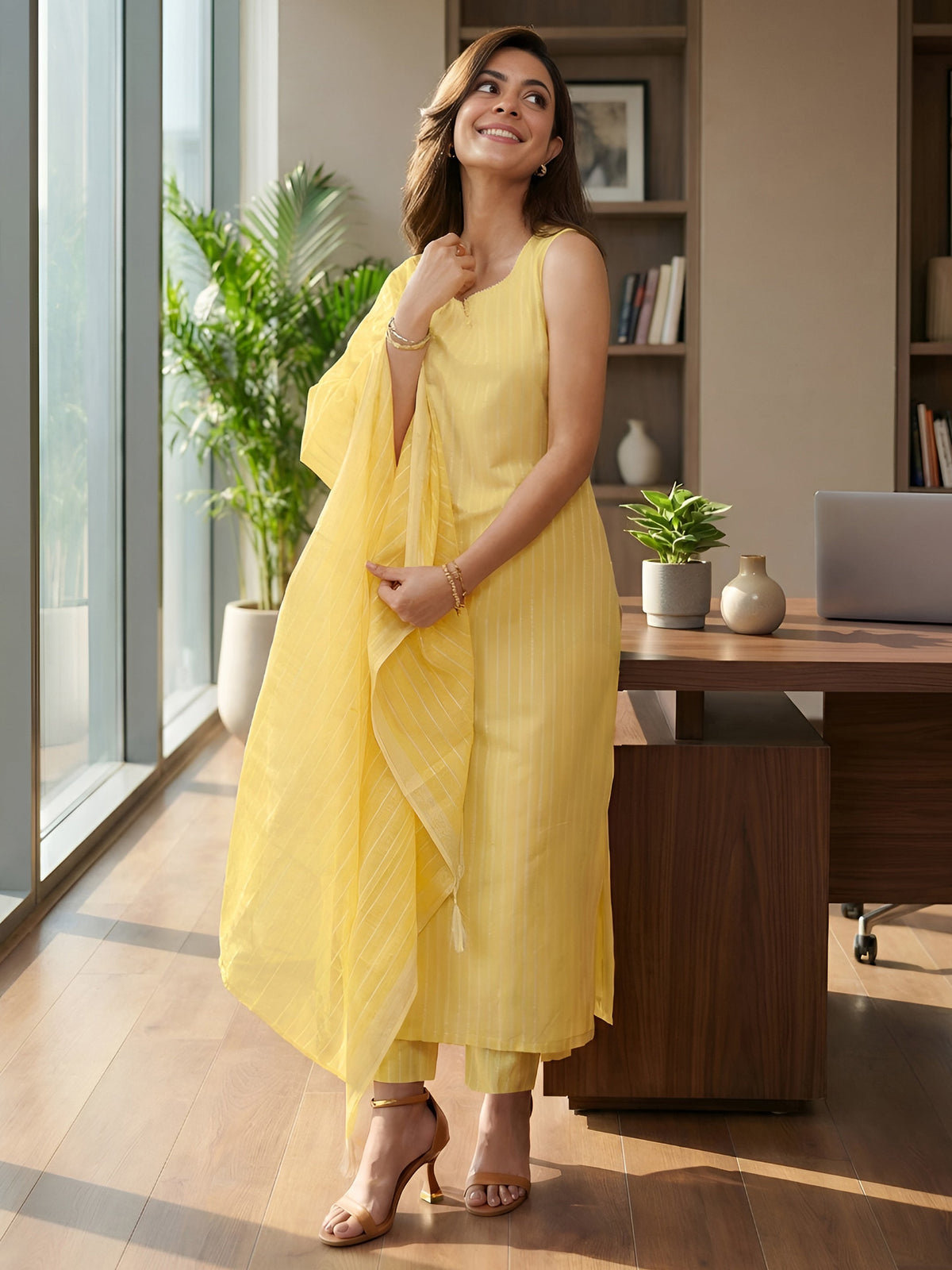 Gerua Anya-Cut Sunlit Striped Cotton Blend Suit Set
