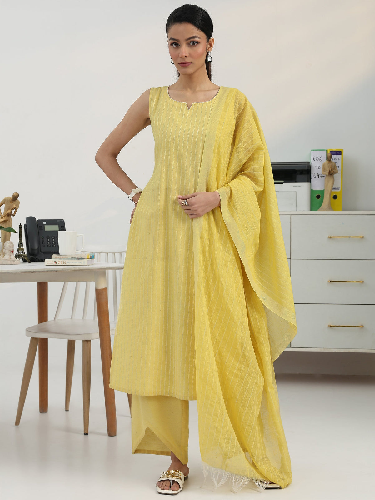 Gerua Anya-Cut Sunlit Striped Cotton Blend Suit Set