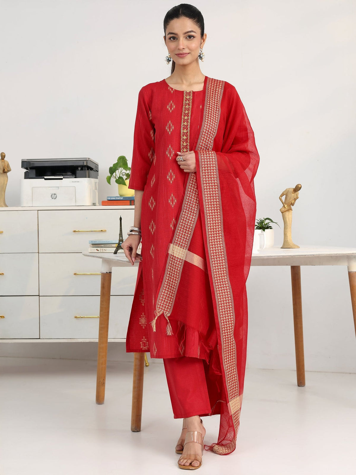 Gerua Red Geometric Woven Design Straight Suit Set With Dupatta KS67