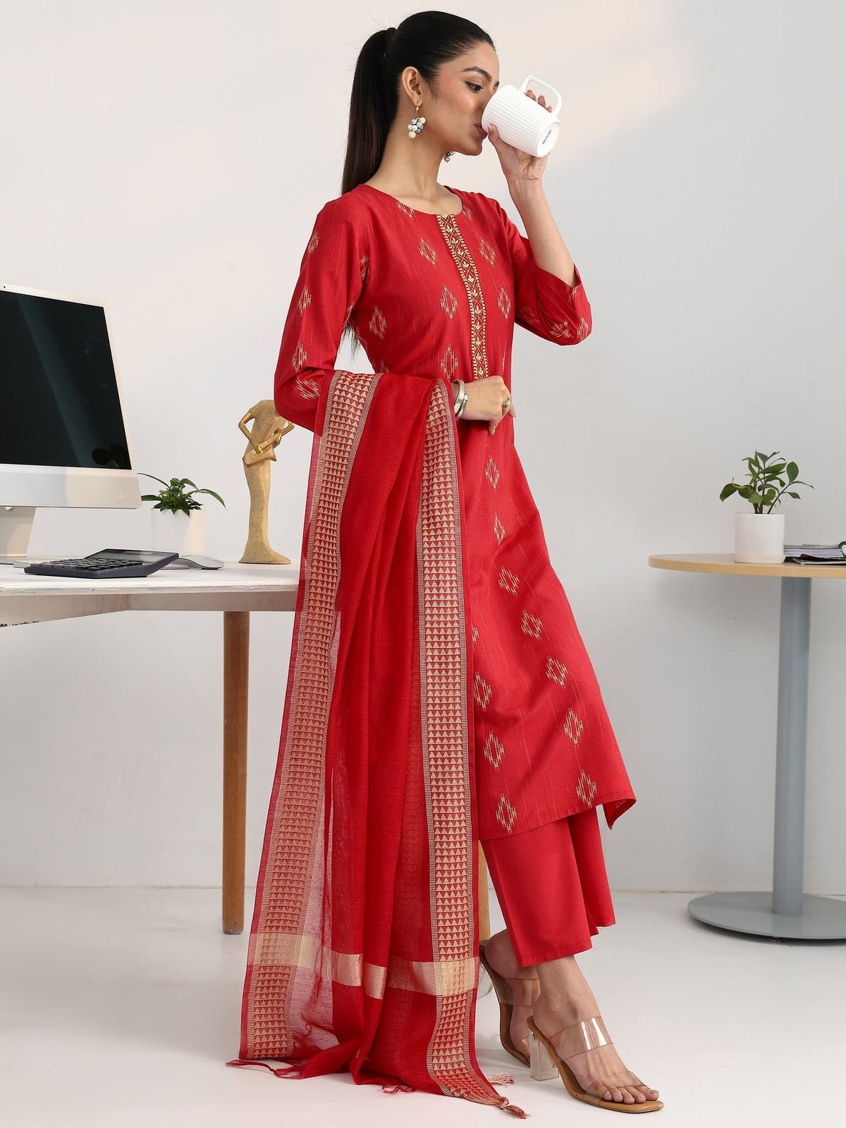 Gerua Red Geometric Woven Design Straight Suit Set With Dupatta KS67