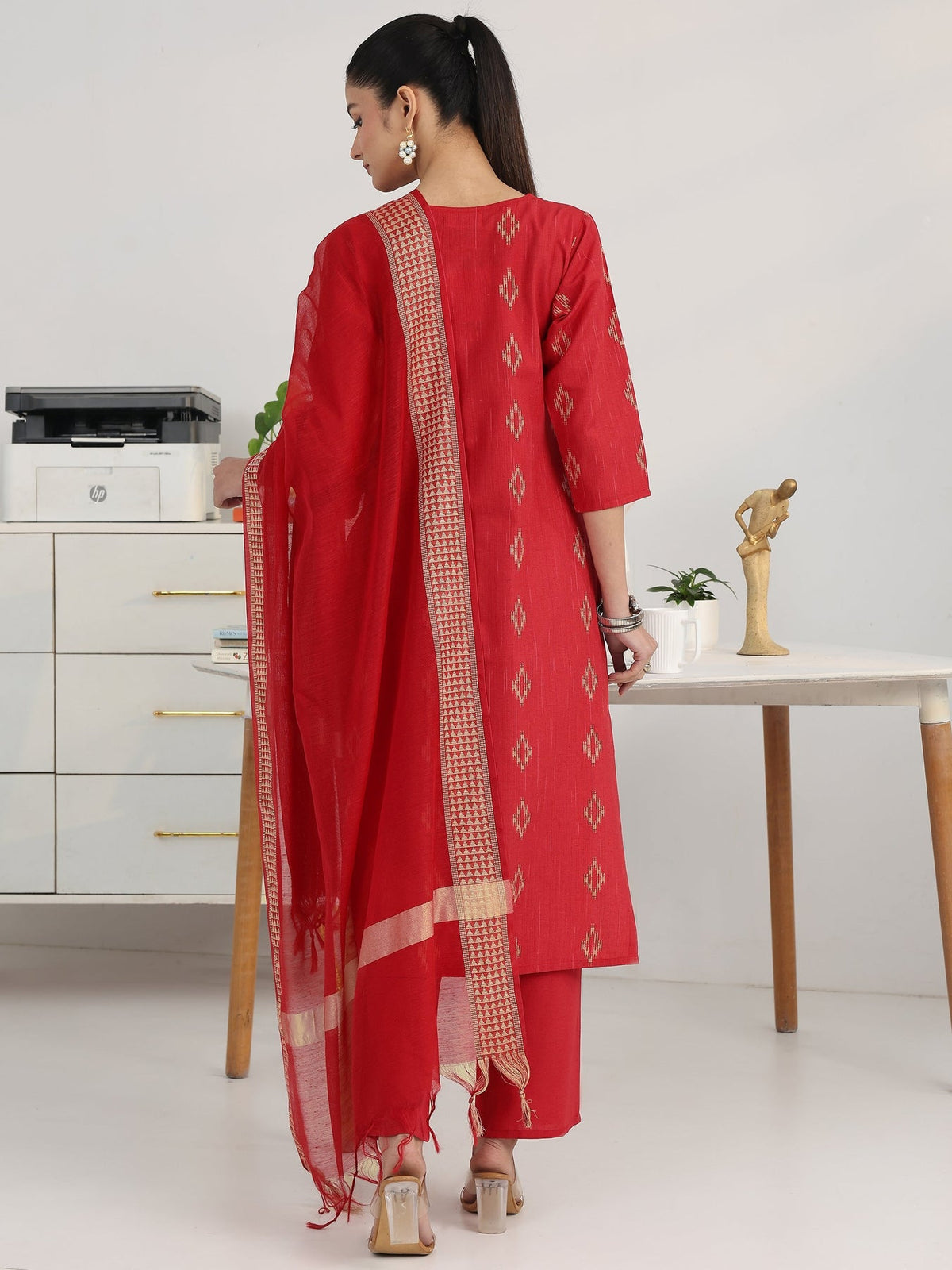 Gerua Red Geometric Woven Design Straight Suit Set With Dupatta KS67