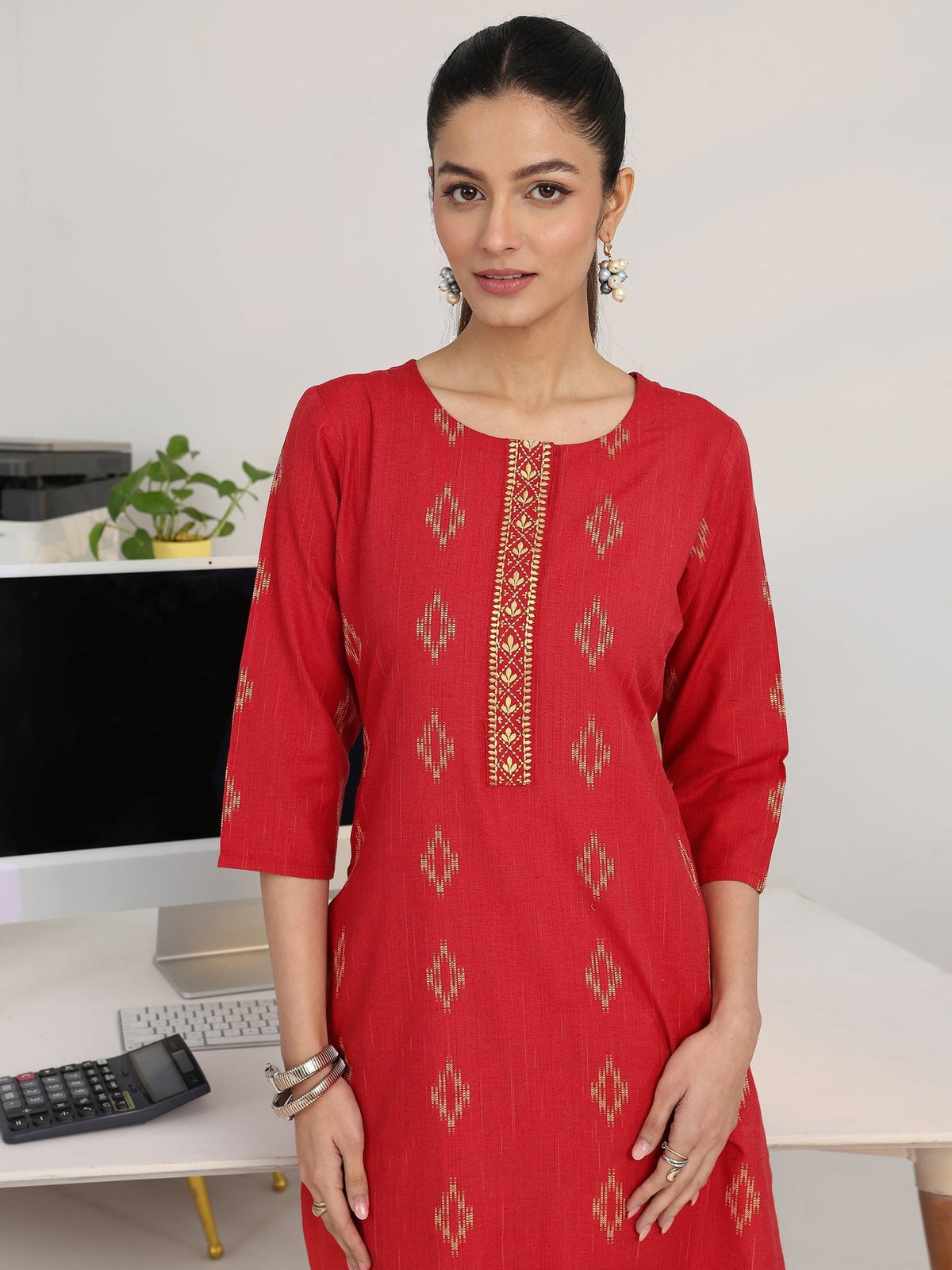 Gerua Red Geometric Woven Design Straight Suit Set With Dupatta KS67