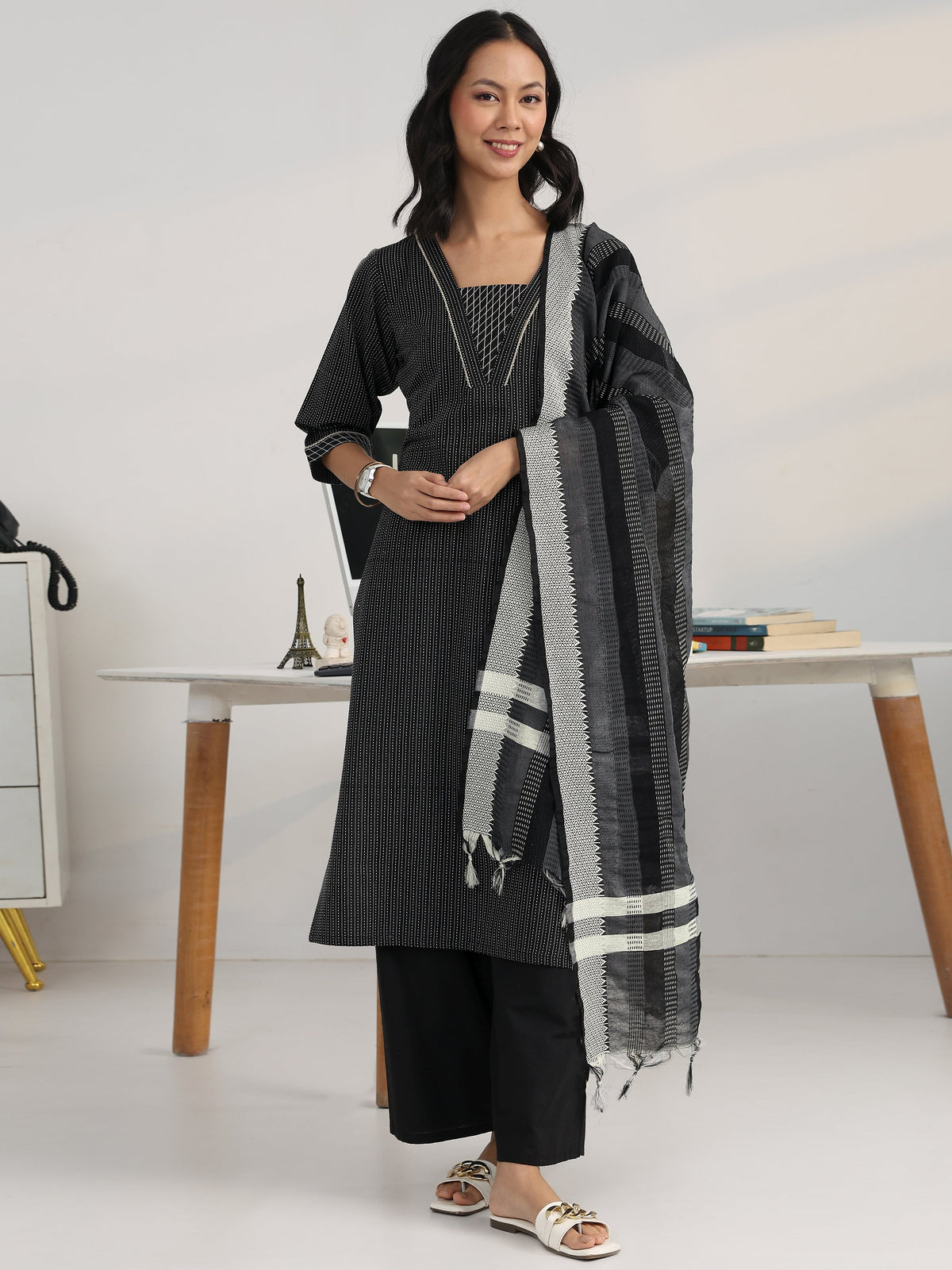 Gerua Black Striped Woven Design Cotton Blend Straight Suit Set With Dupatta