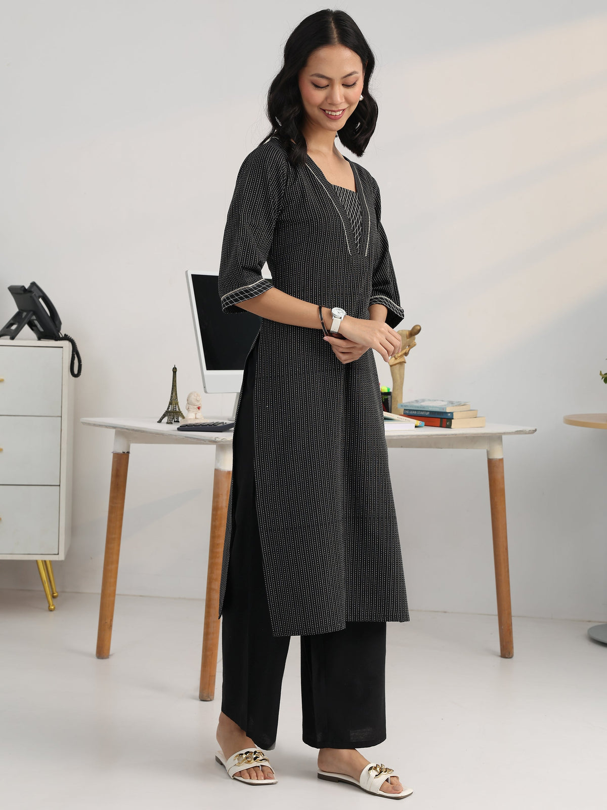 Gerua Black Striped Woven Design Cotton Blend Straight Suit Set With Dupatta