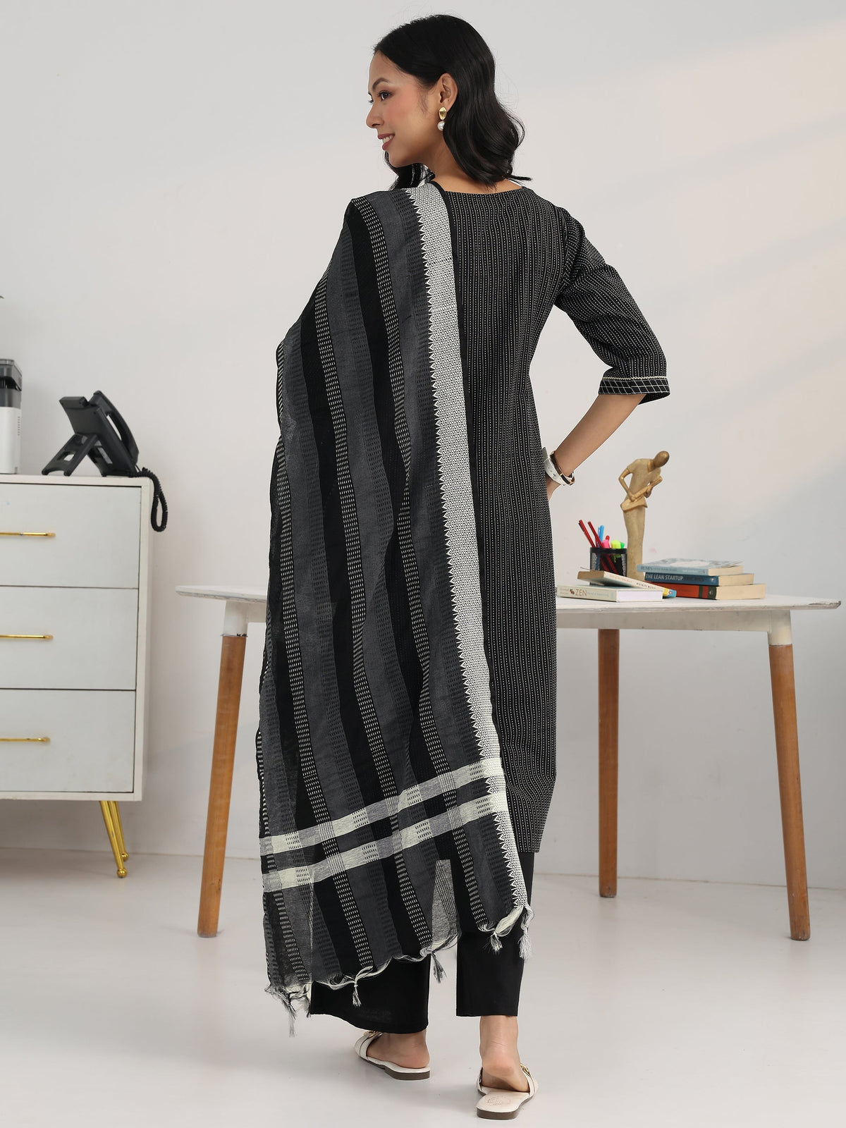 Gerua Black Striped Woven Design Cotton Blend Straight Suit Set With Dupatta