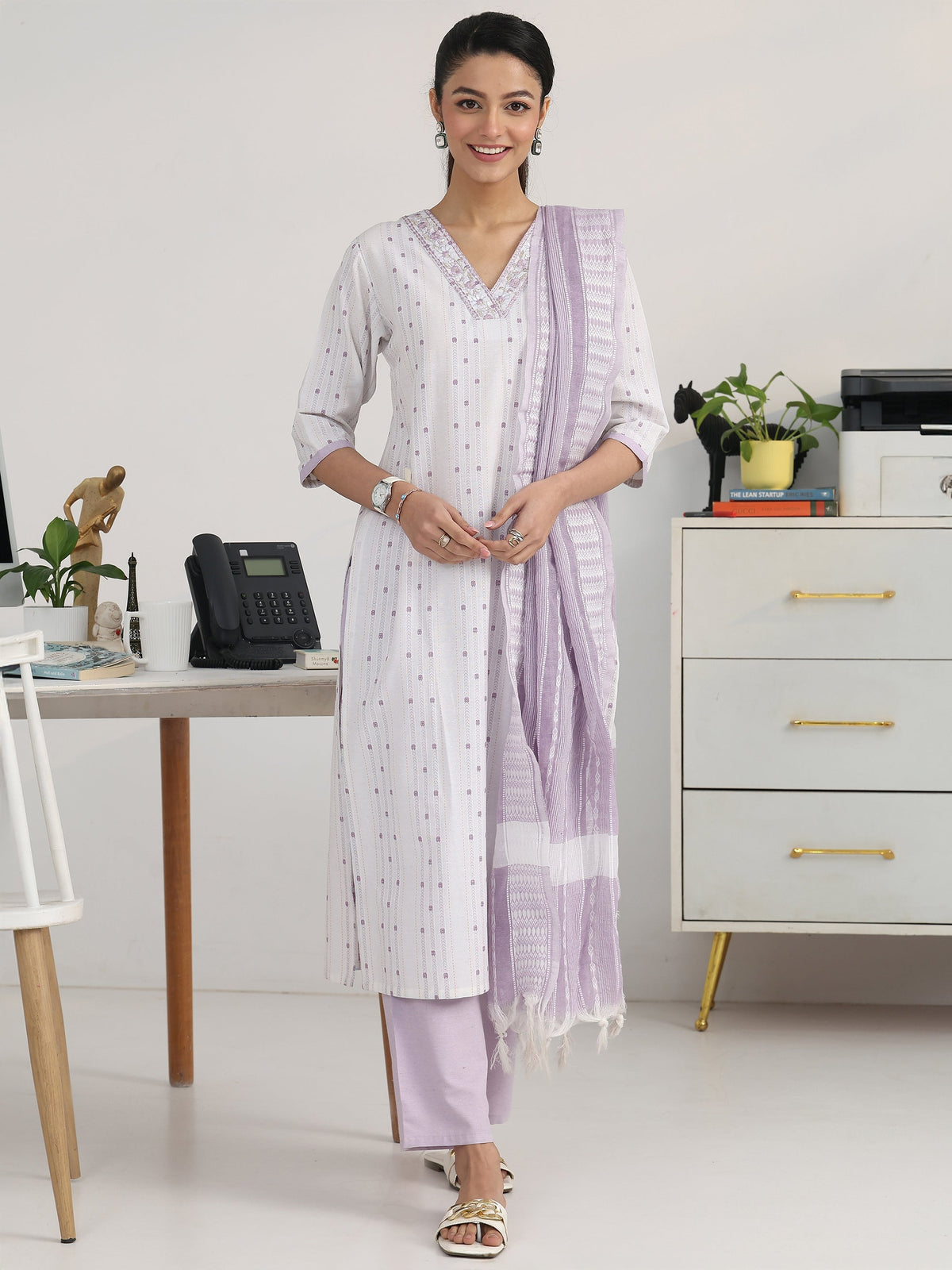 Gerua Off White Ethnic Motif Woven Design Cotton Blend Straight Suit Set With Dupatta