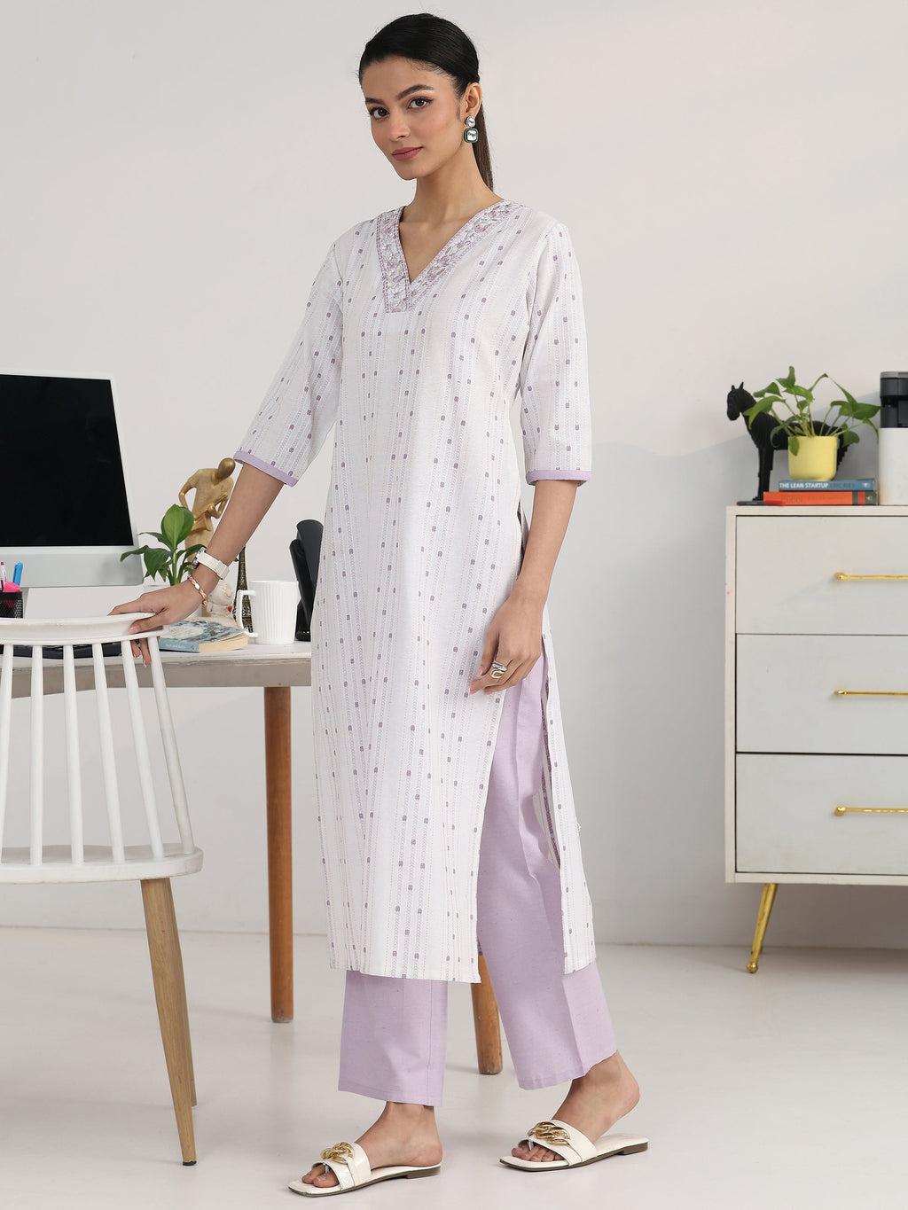 Gerua Off White Ethnic Motif Woven Design Cotton Blend Straight Suit Set With Dupatta