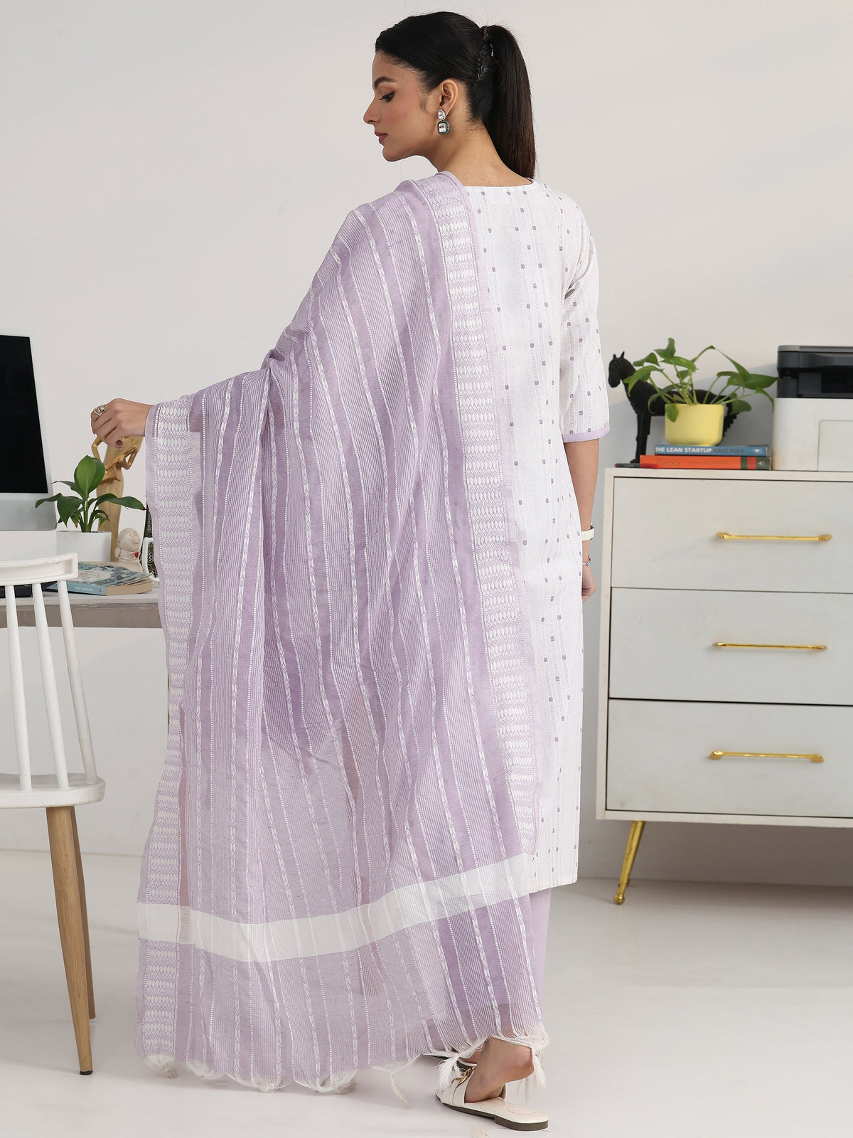 Gerua Off White Ethnic Motif Woven Design Cotton Blend Straight Suit Set With Dupatta