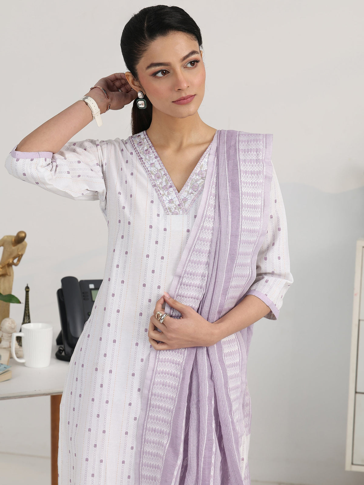 Gerua Off White Ethnic Motif Woven Design Cotton Blend Straight Suit Set With Dupatta