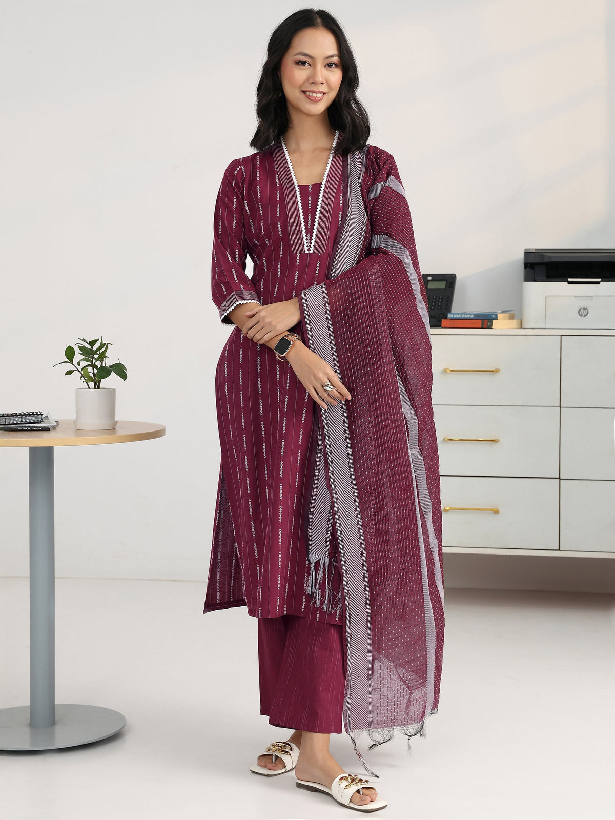 Gerua Maroon Ethnic Motif Woven Design Cotton Blend Straight Suit Set With Dupatta
