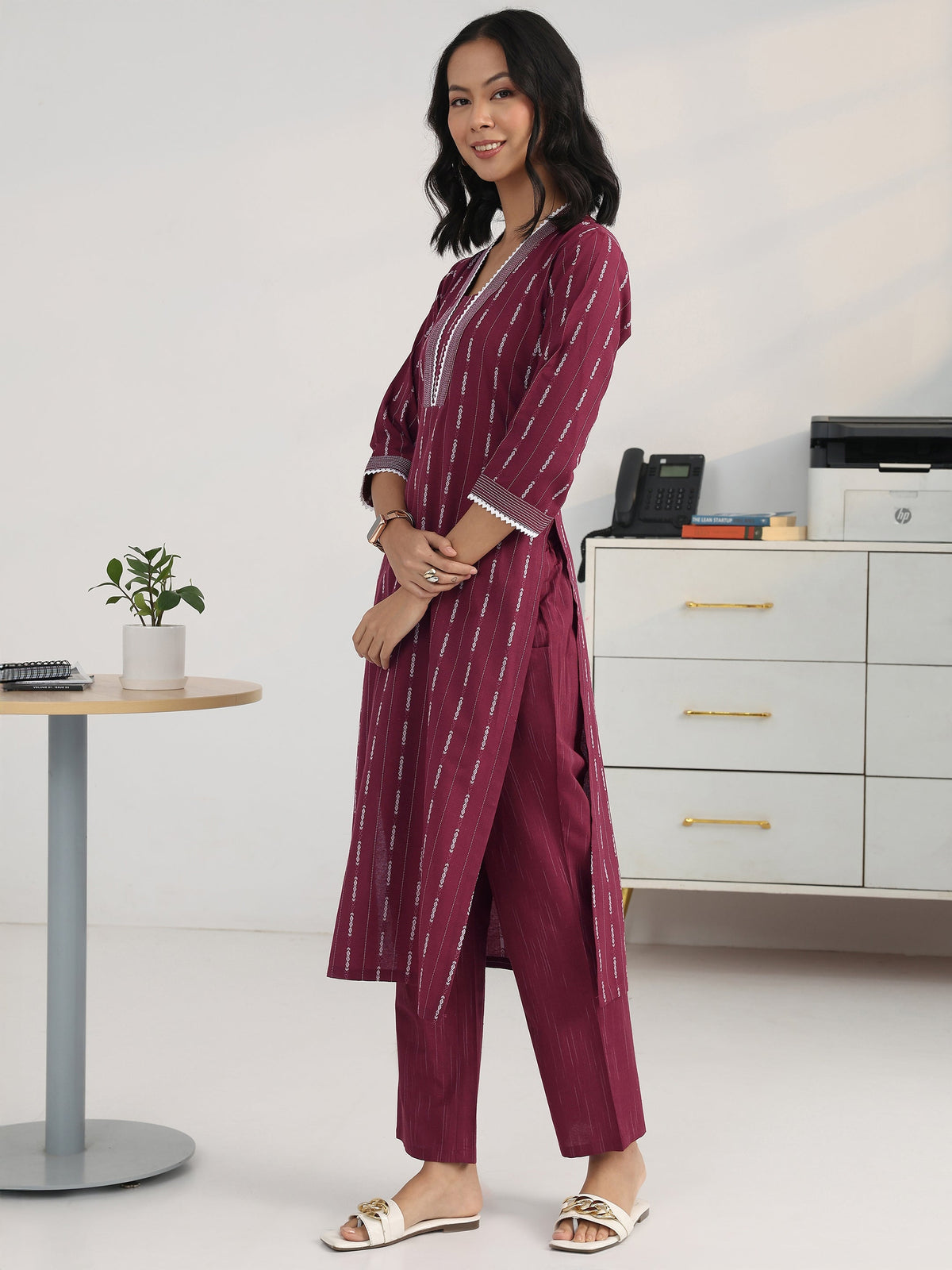 Gerua Maroon Ethnic Motif Woven Design Cotton Blend Straight Suit Set With Dupatta