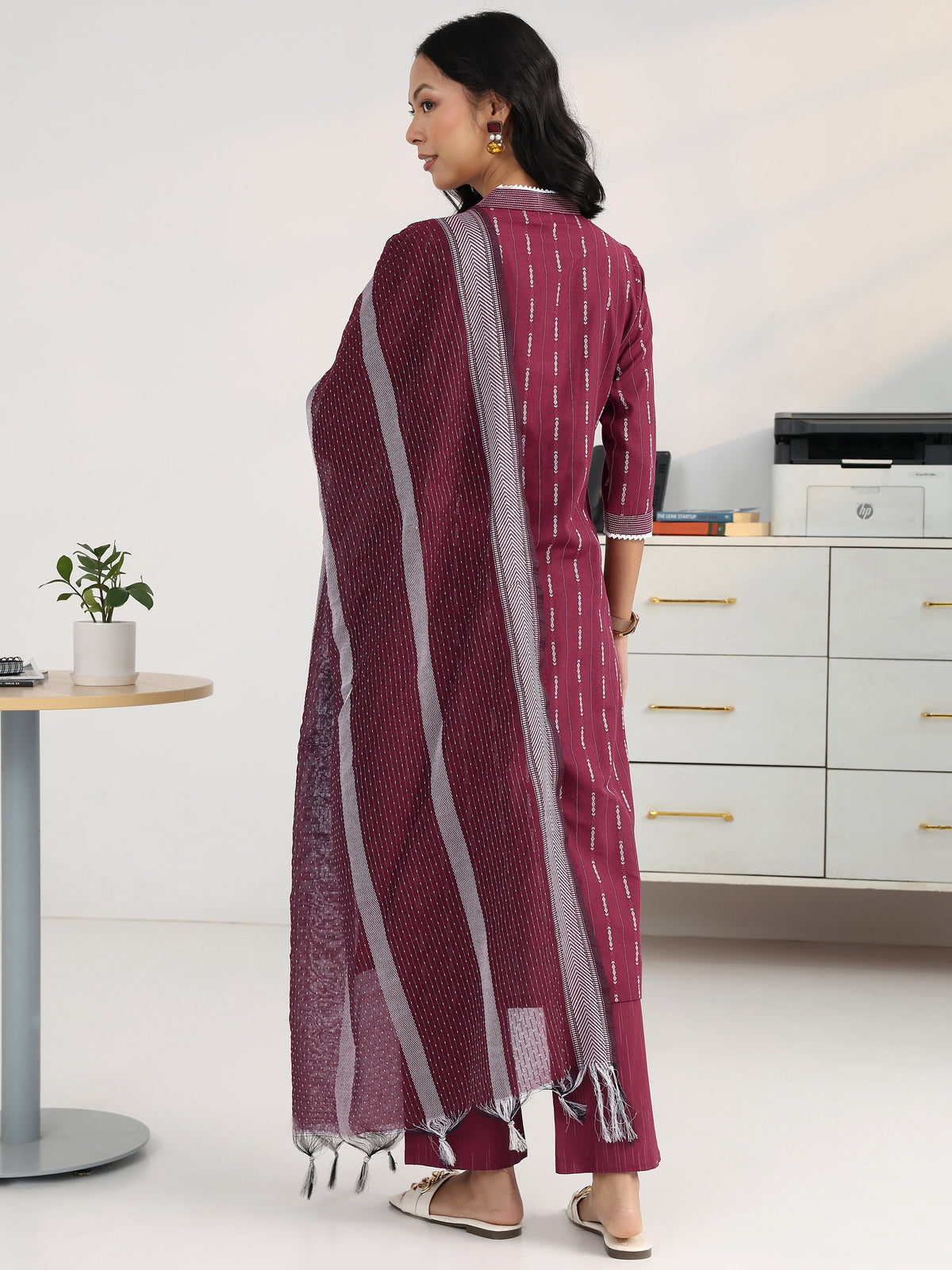 Gerua Maroon Ethnic Motif Woven Design Cotton Blend Straight Suit Set With Dupatta