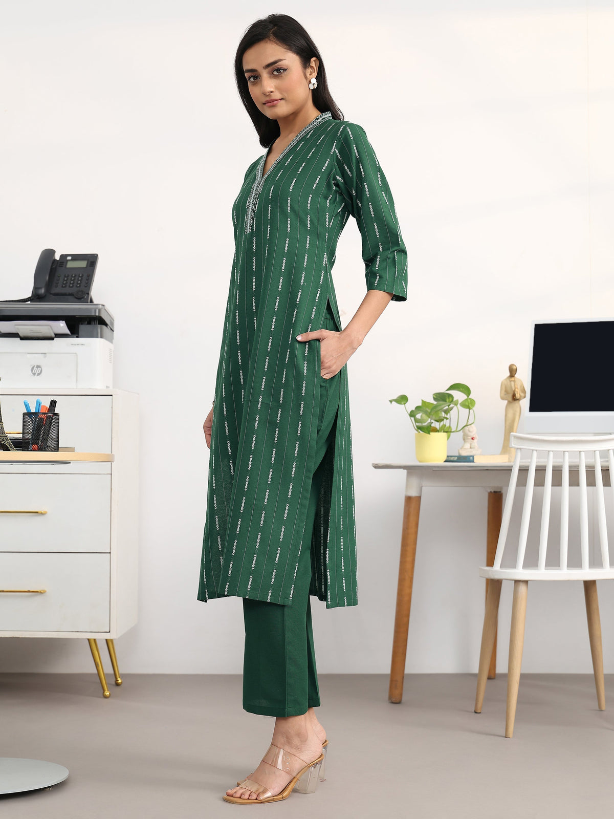 Gerua Green Striped Woven Design Cotton Blend Straight Suit Set With Dupatta