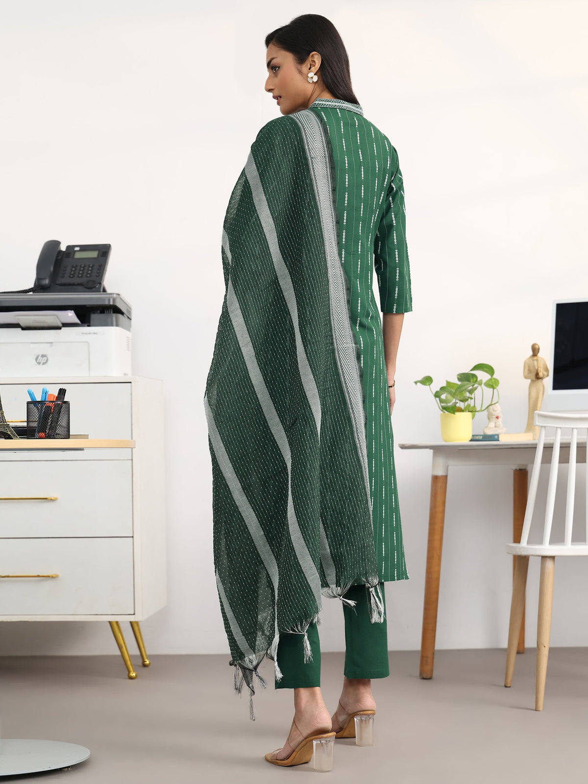 Gerua Green Striped Woven Design Cotton Blend Straight Suit Set With Dupatta