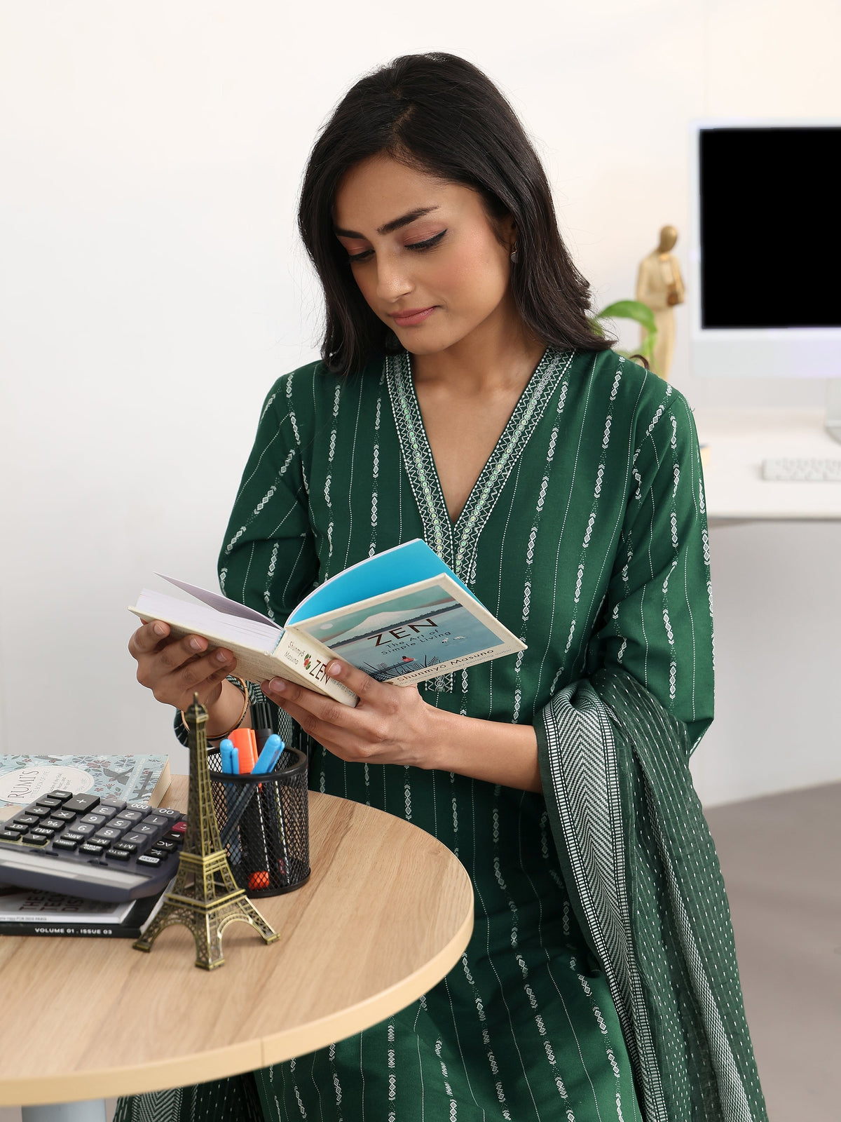 Gerua Green Striped Woven Design Cotton Blend Straight Suit Set With Dupatta