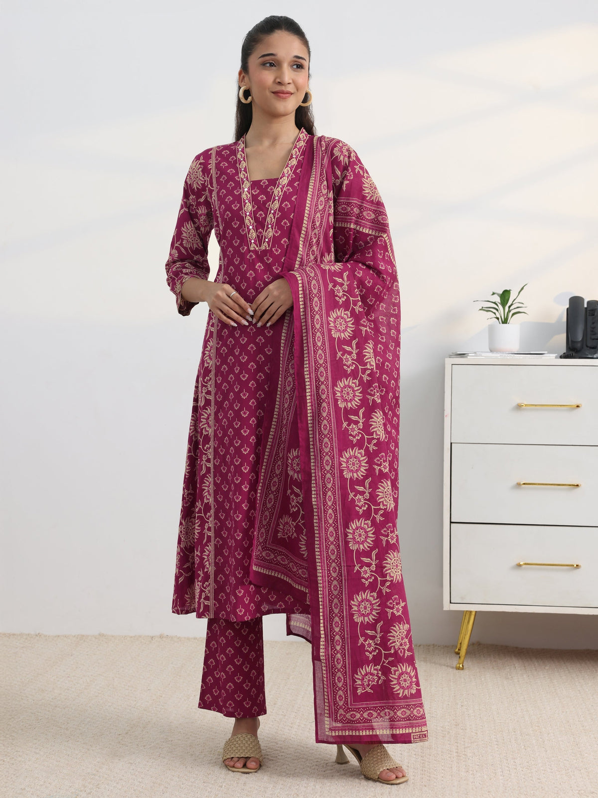 Gerua Pink Floral Printed Cotton Blend A-Line Suit Set With Dupatta