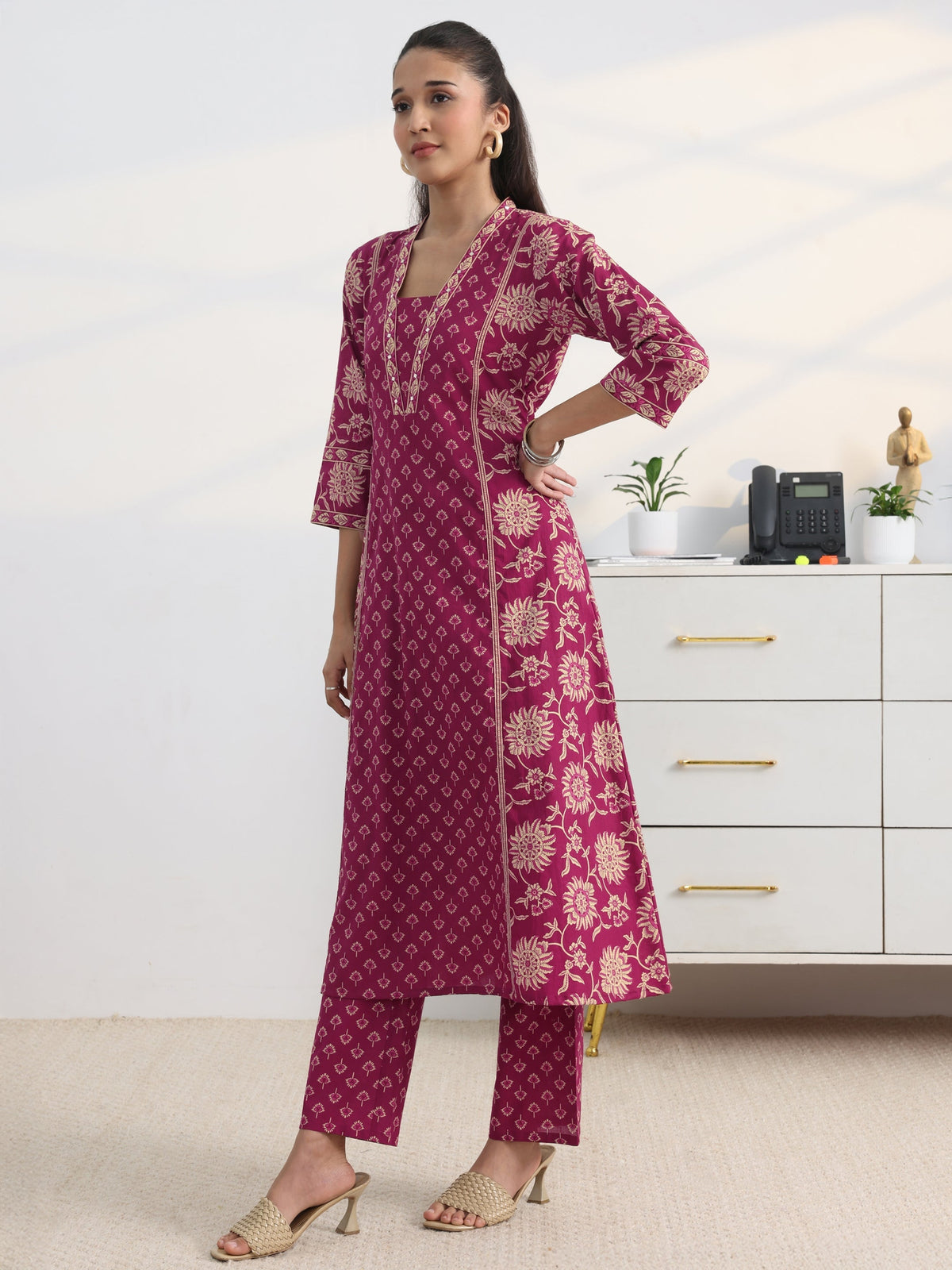 Gerua Pink Floral Printed Cotton Blend A-Line Suit Set With Dupatta