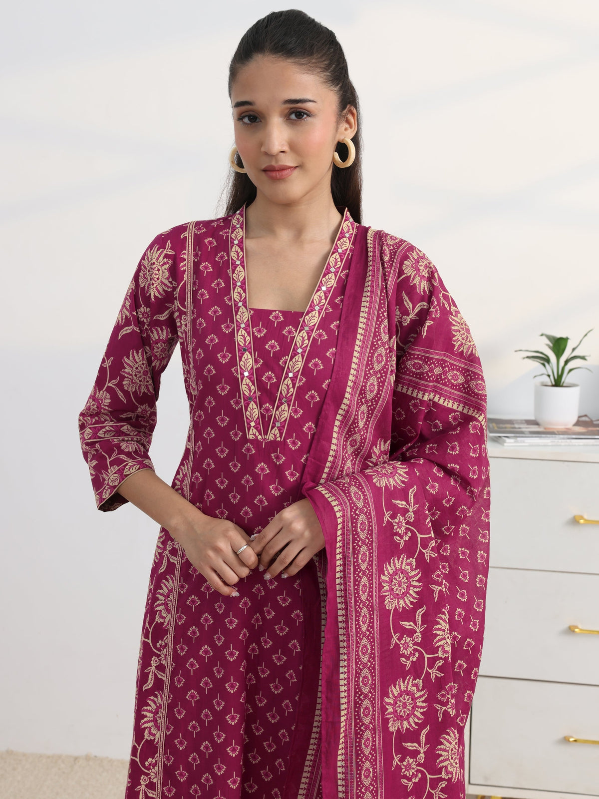 Gerua Pink Floral Printed Cotton Blend A-Line Suit Set With Dupatta