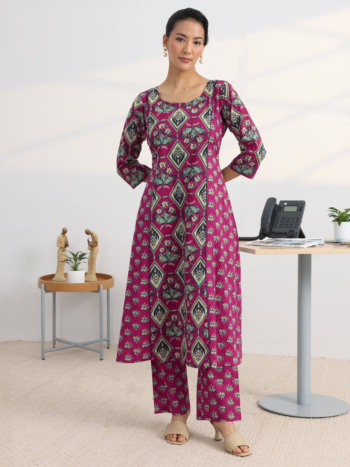 Gerua Pink Floral Printed Cotton Blend A-Line Kurta Set