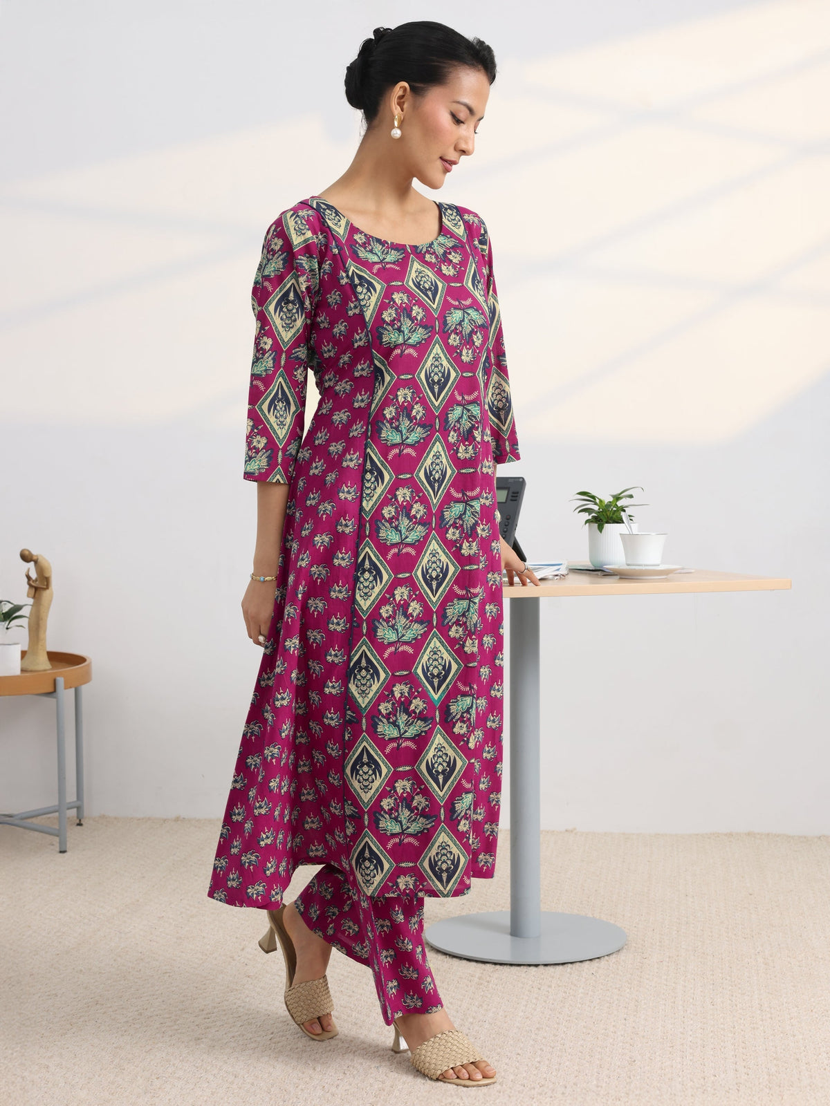 Gerua Pink Floral Printed Cotton Blend A-Line Kurta Set